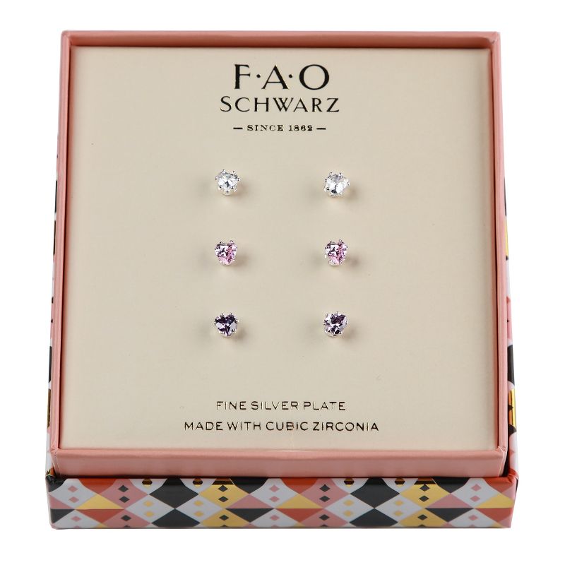 FAO Schwarz Clear, Purple and Pink Heart Stone Trio Earring Set