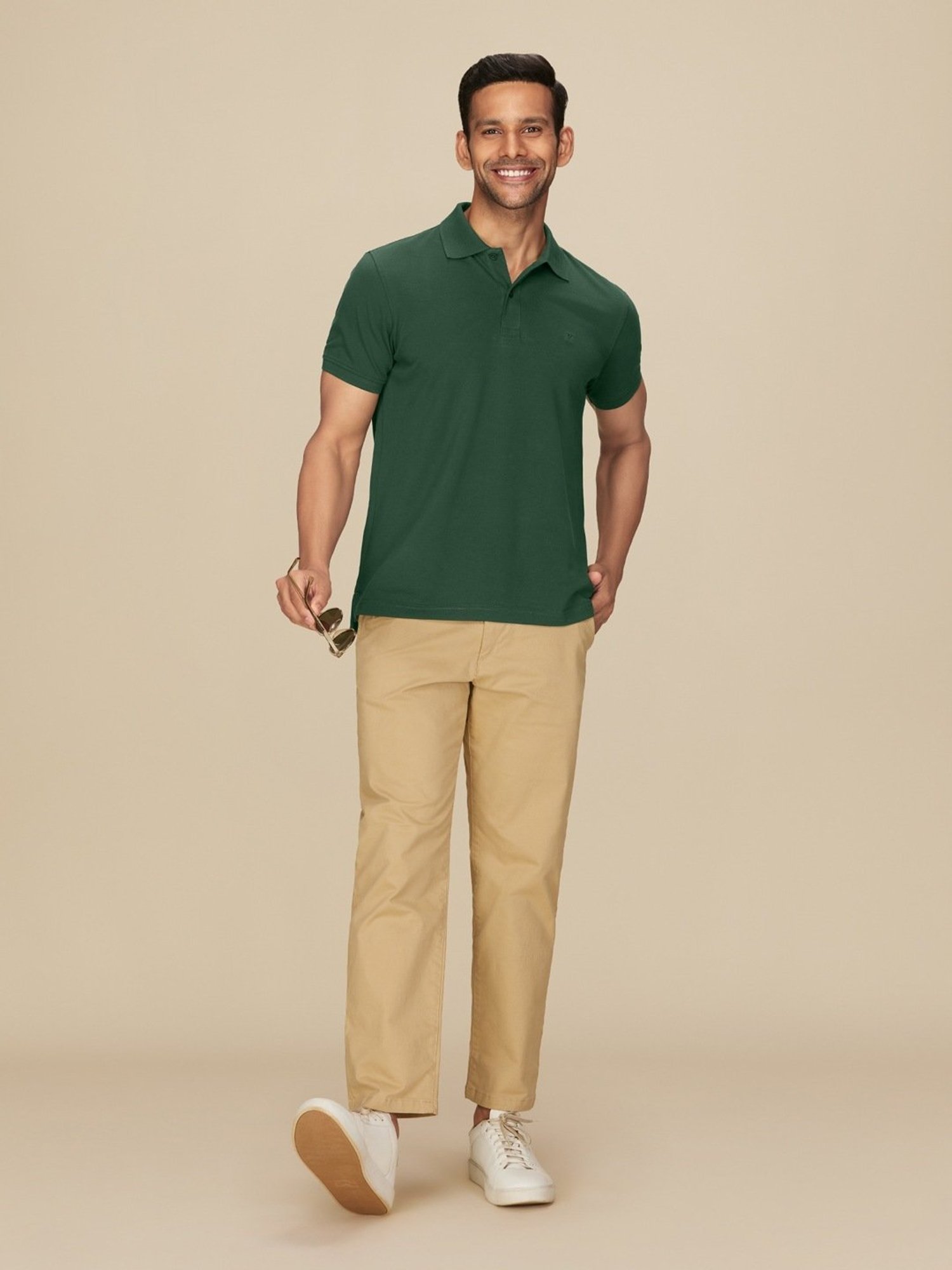 XYXX Basil Green Cotton Regular Fit Polo T-Shirts