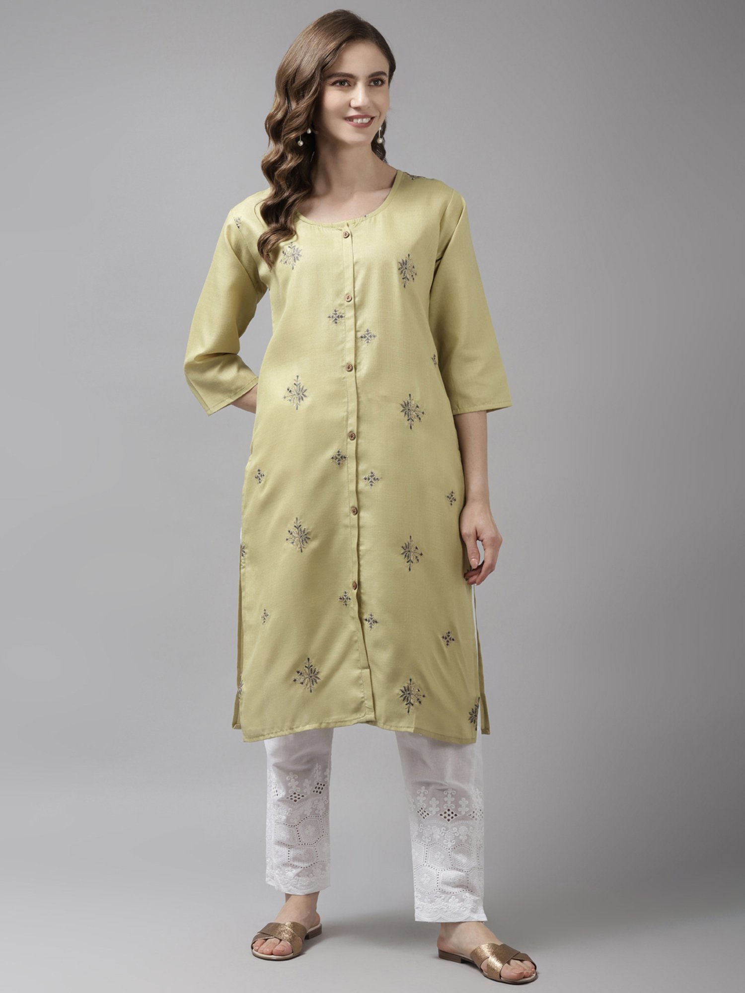 Aarika Lemon Green Cotton Embroidered Straight Kurta