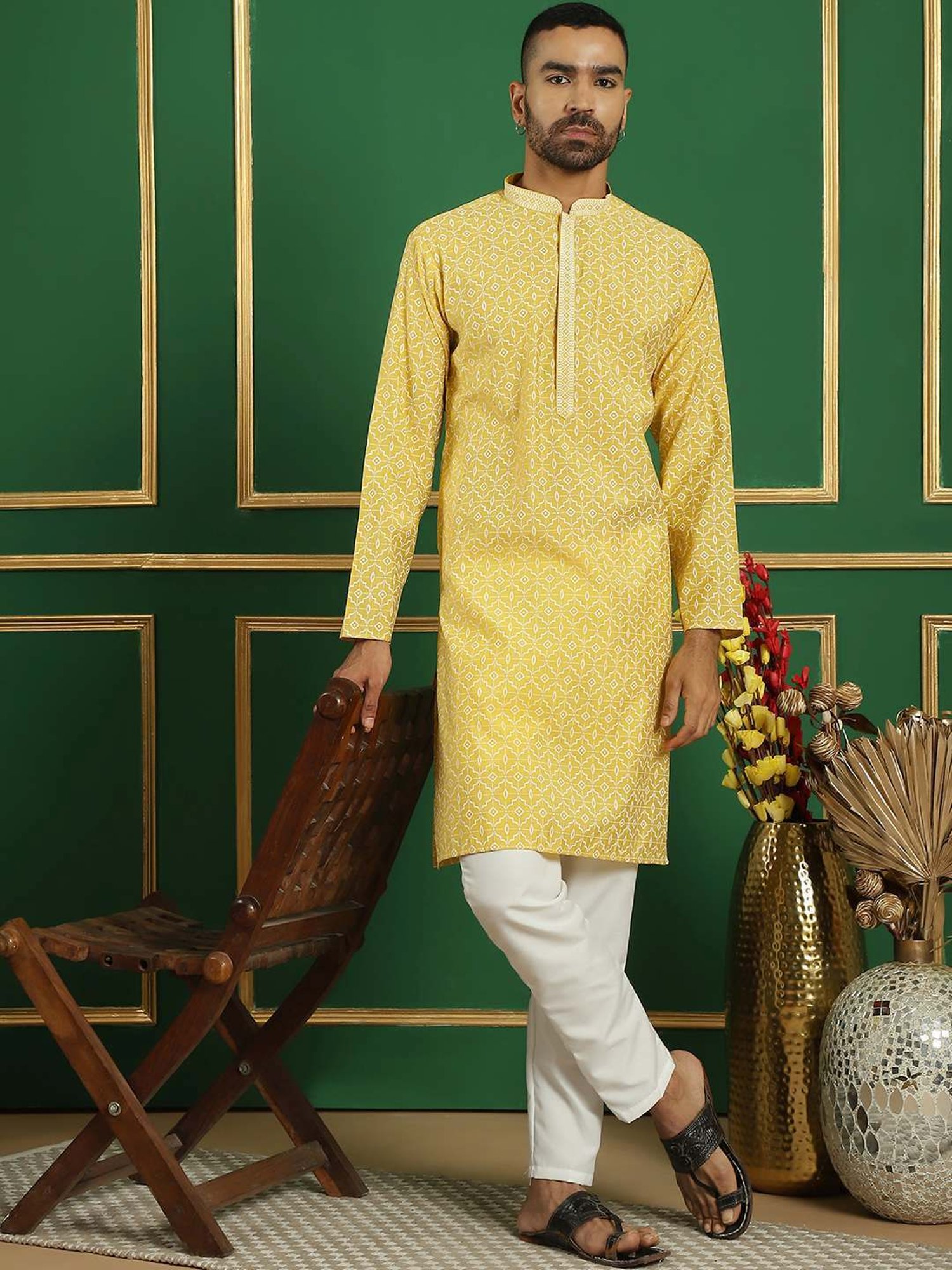 Jompers Yellow & White Regular Fit Printed Kurta Bottom Set