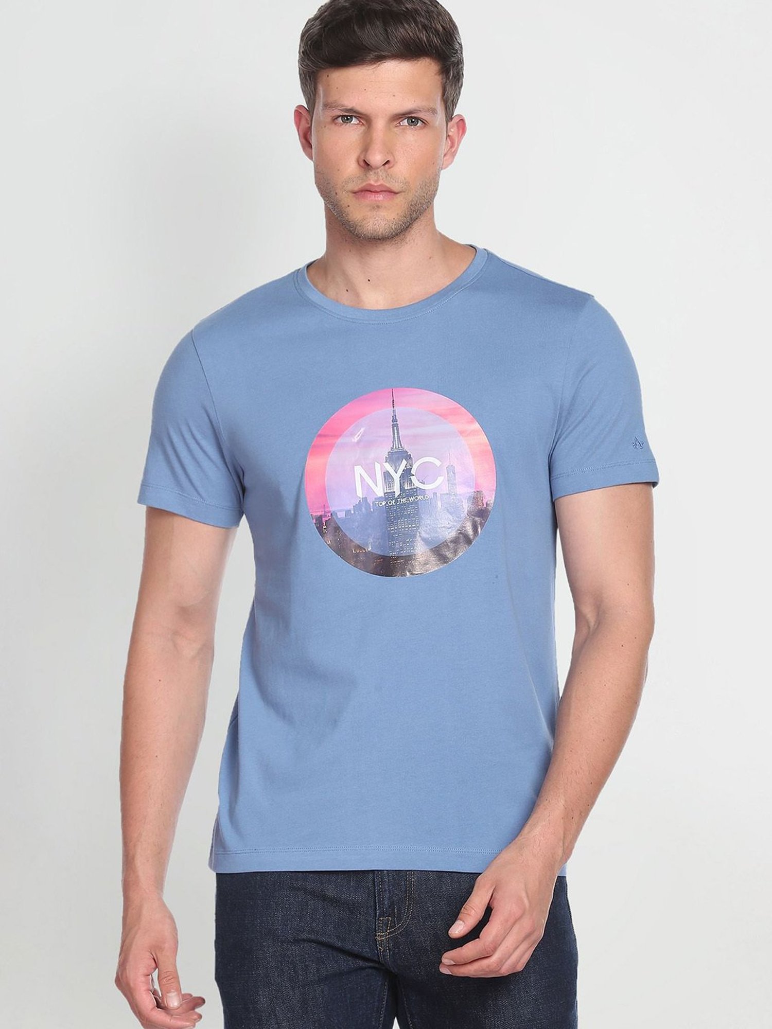 Arrow Sport Blue Cotton Regular Fit Printed T-Shirt