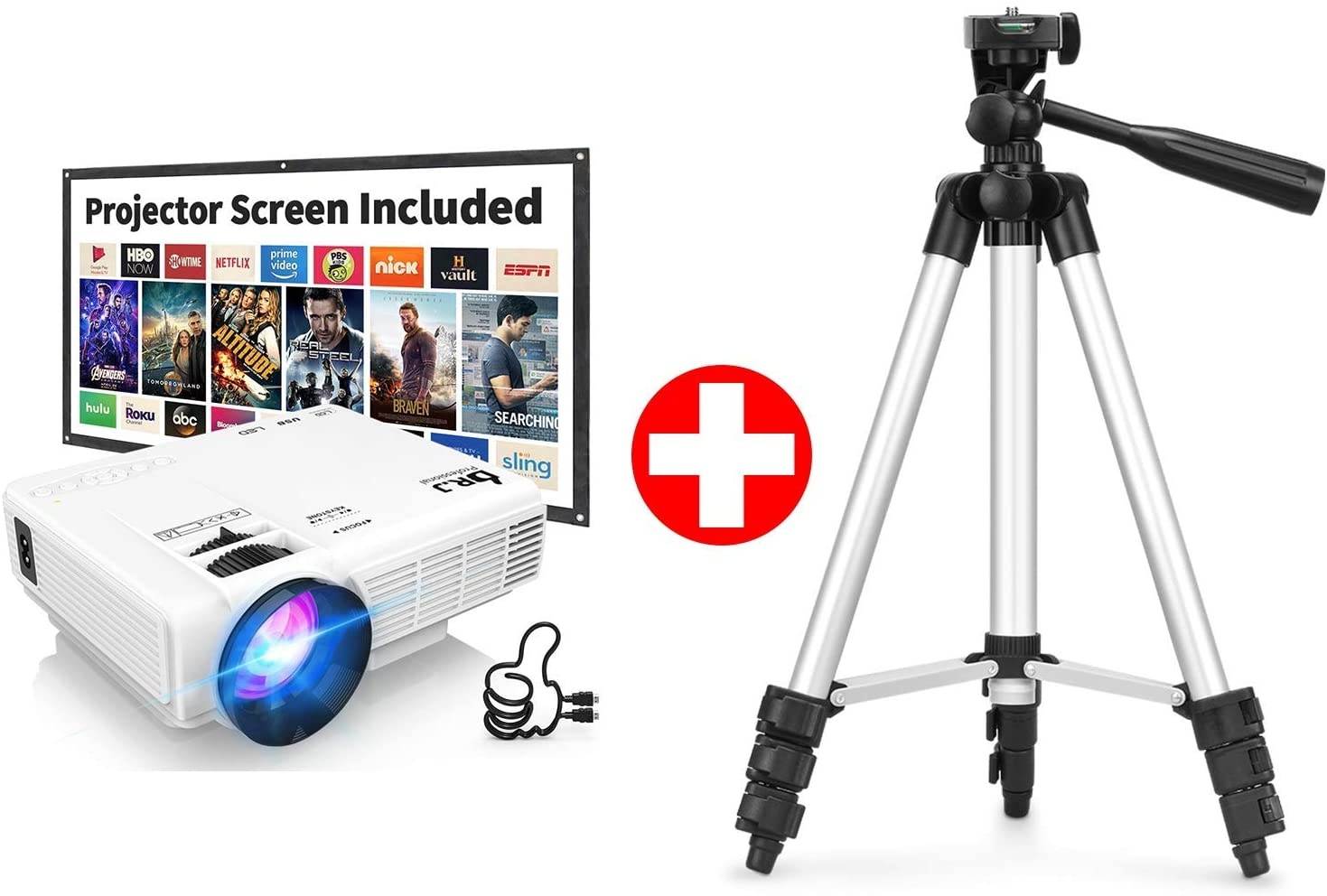 DR. J Professional 4500L Projector for Outdoor Movies & 50Inch Universal Aluminum Projector Tripod Stand Bundle