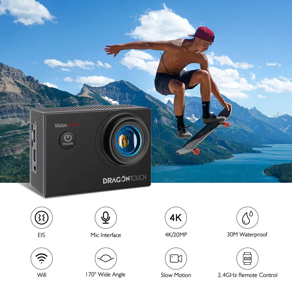 Vision 4 Lite 4K Action Camera 20MP EIS Anti-shake Sport Camera Underwater Waterproof Camera 4K Action Cam Support External Mic