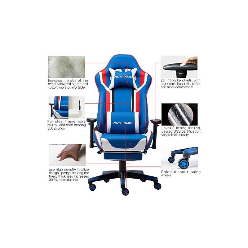 Gaming Chair Large Size High-Back Ergonomic Racing Seat with Massager Lumbar Support and Retractible Footrest PU Leather 90-180 Degree Adjustment of backrest Thickening sponges (YK-6007-BLUE)