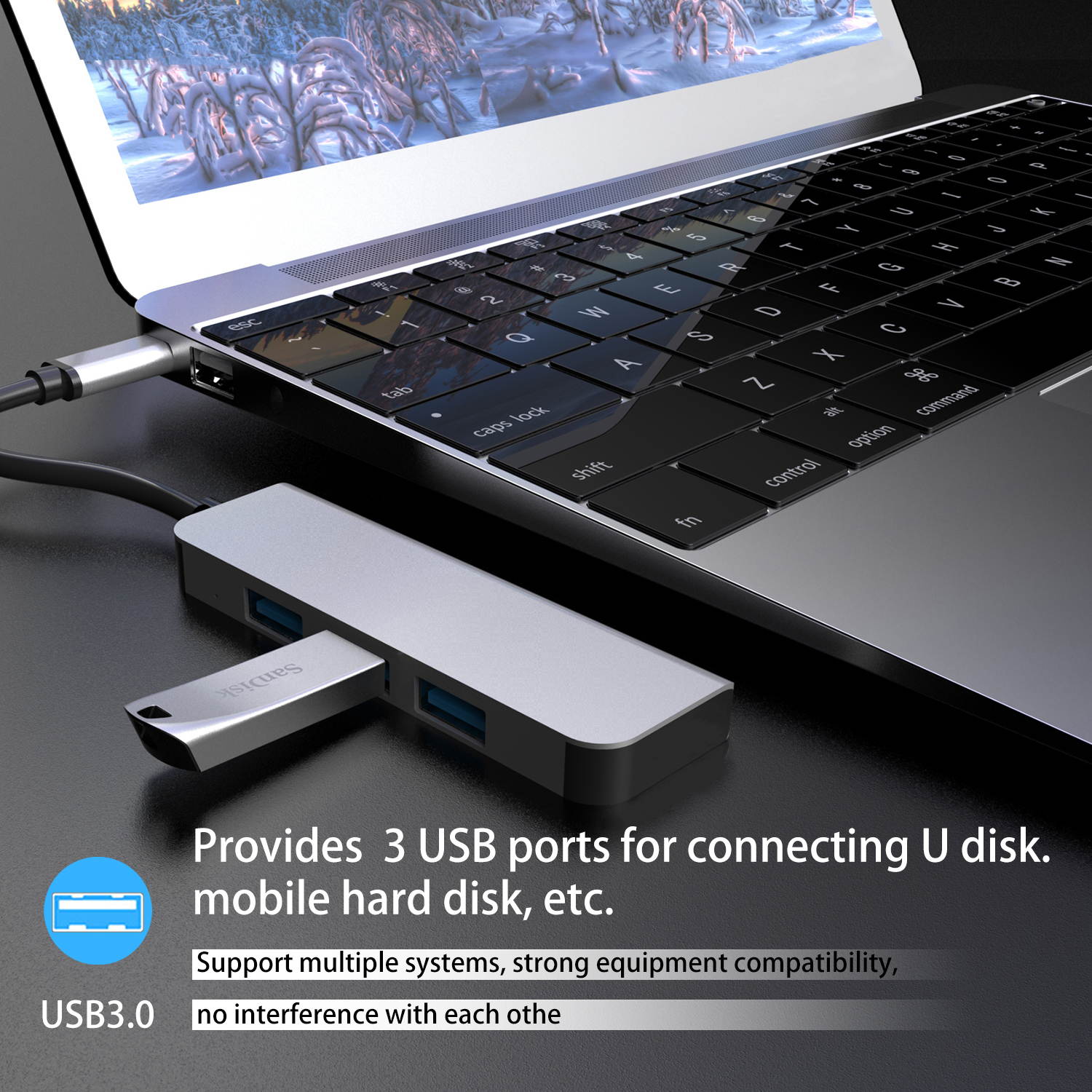 Computer USB converter 4 in 1 hub, HDMI Port Max 4K UHD 3840*2160@30HZ with  3 USB 3.0 Hub Ports up to 5Gbps for data syncing, Suitable for the Mac with TYPE C interface and mouse, card reader,etc.