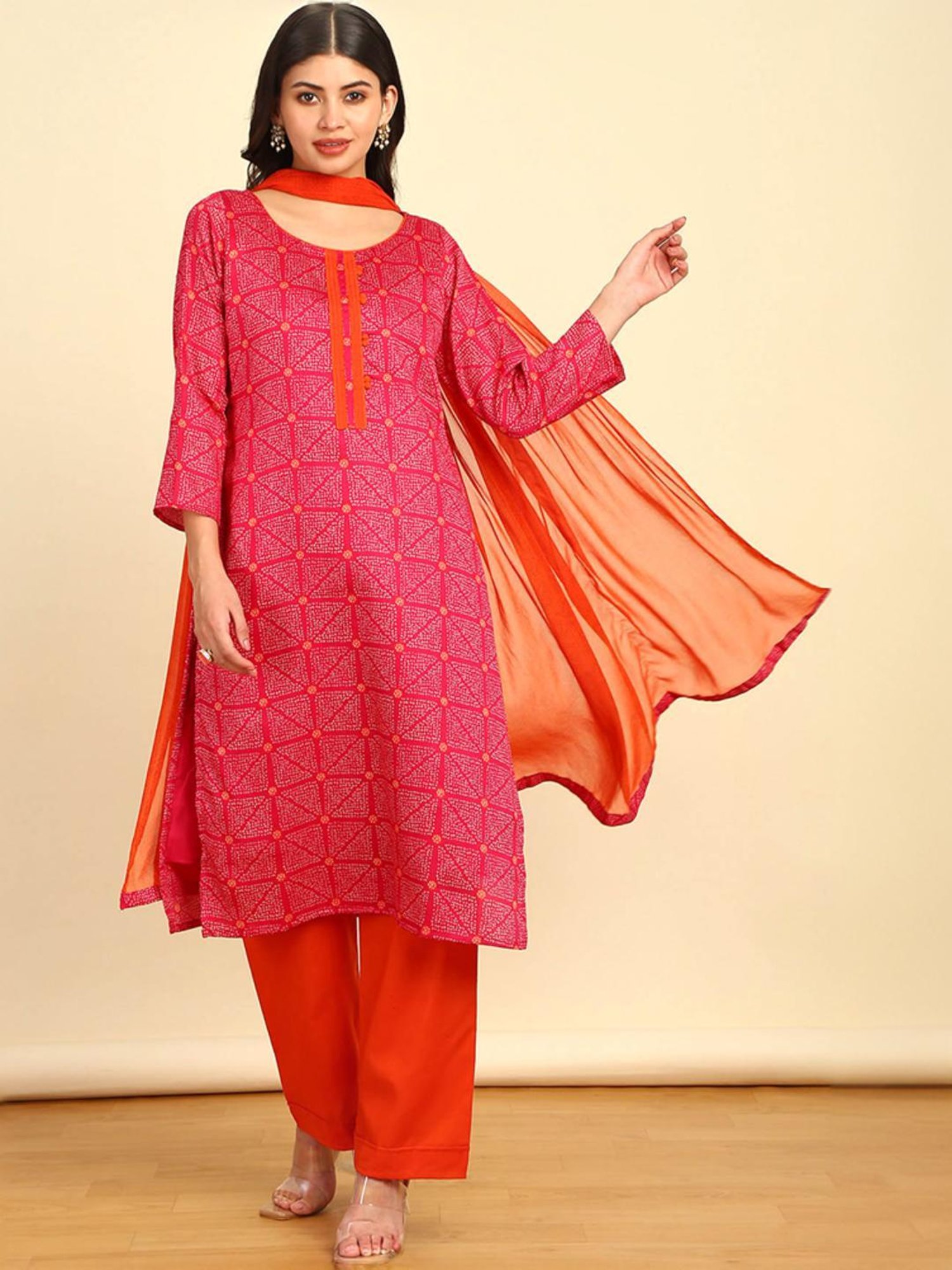 Soch Womens Fuchsia Bandhani Print Cotton Unstitched Dress Material