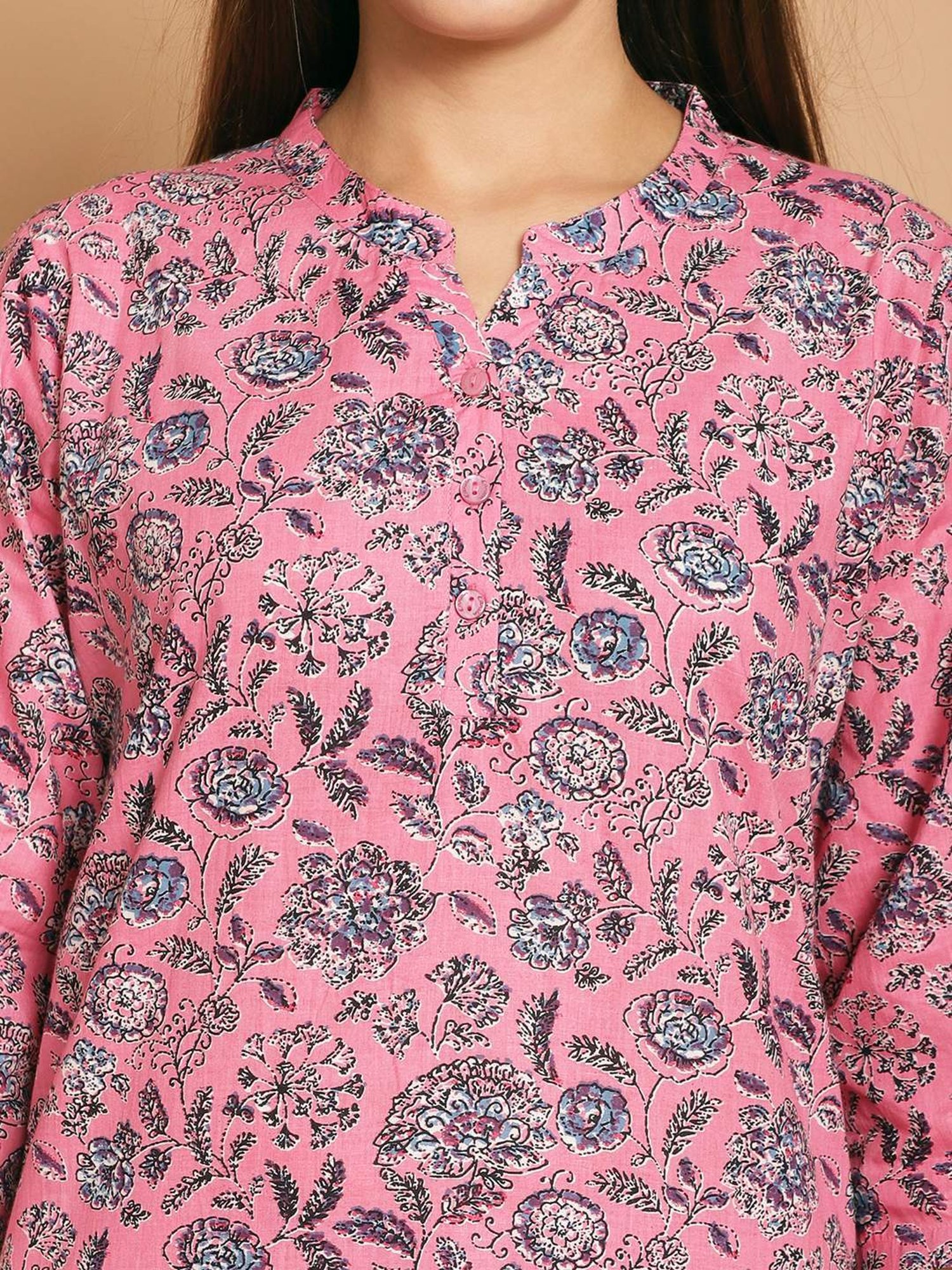 Kanvin Pink Cotton Printed Tunic Pyjamas Set