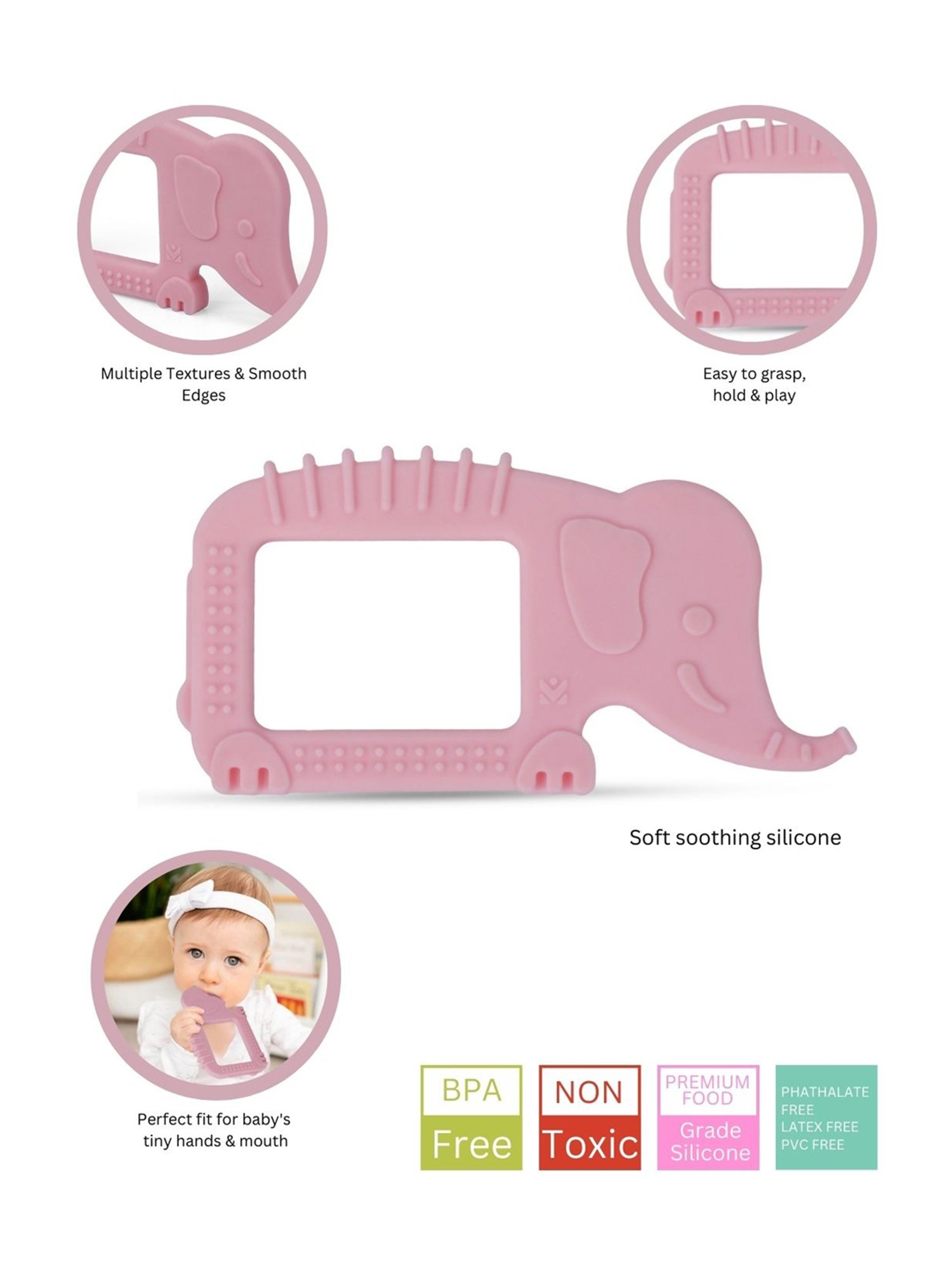 Baby Moo Kids Pink Elephant Soothing Silicon Teether (BPA & Toxin Free)