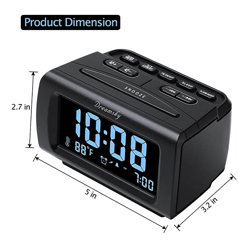 Decent Alarm Clock Radio with FM Radio USB Port for Charging 12 Inch Blue Digit Display with Dimmer Temperature Display Snooze Adjustable Alarm Volume Sleep Timer