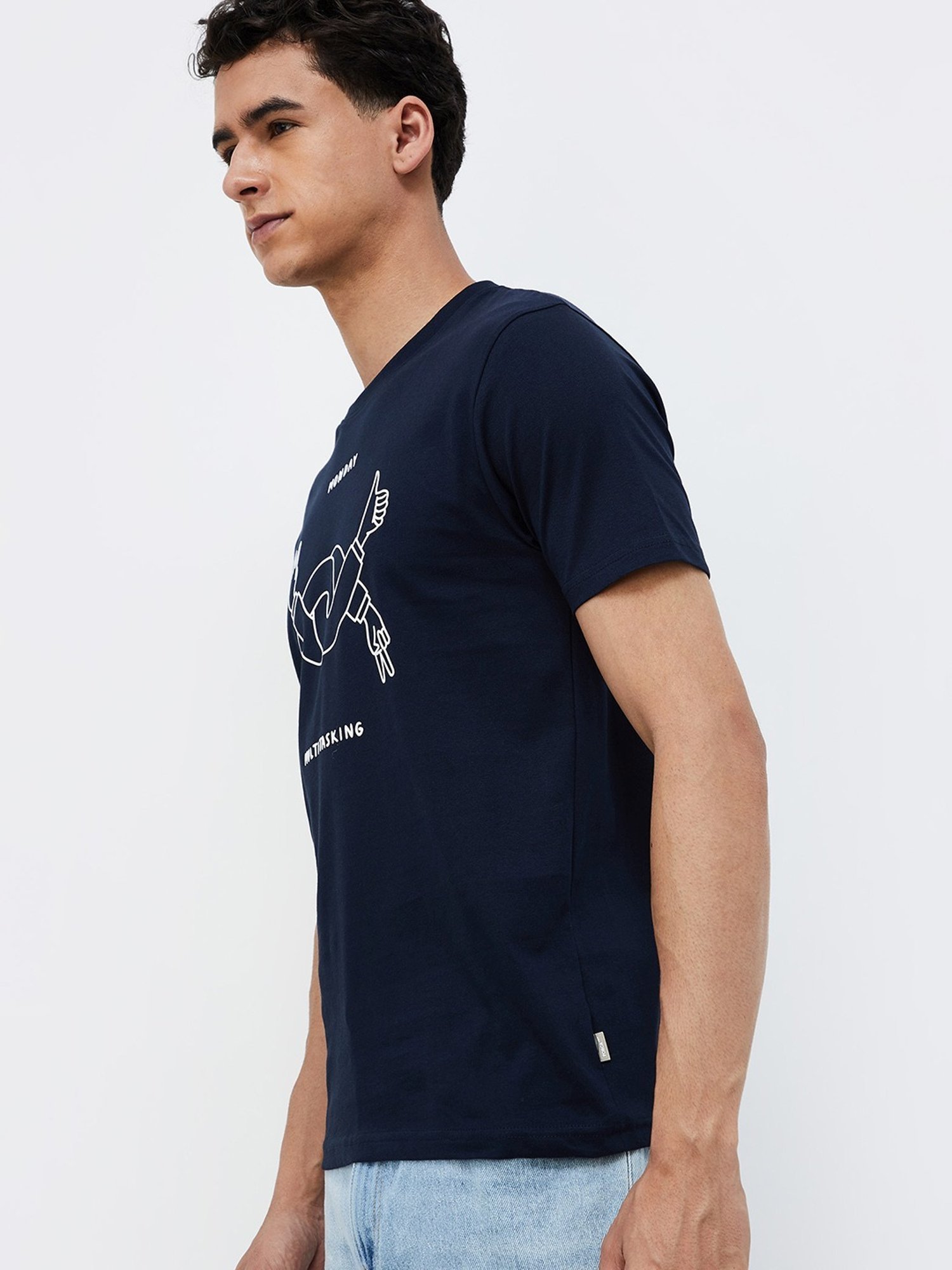 Forca Navy Cotton Regular Fit Printed T-Shirt