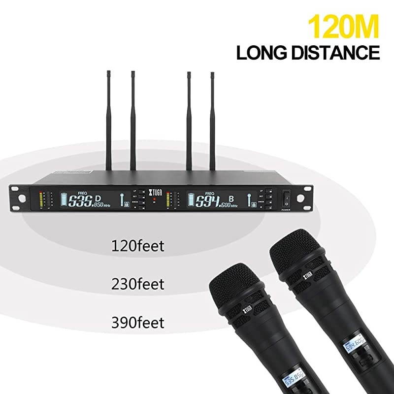 UT-120 True Diversity Long Range 2x100-Channel Professional UHF Wireless Microphone System with 2 Handheld Mics,All Metal,Selectable Frequency,Up to 390Ft,for Party,Karaoke,Stage