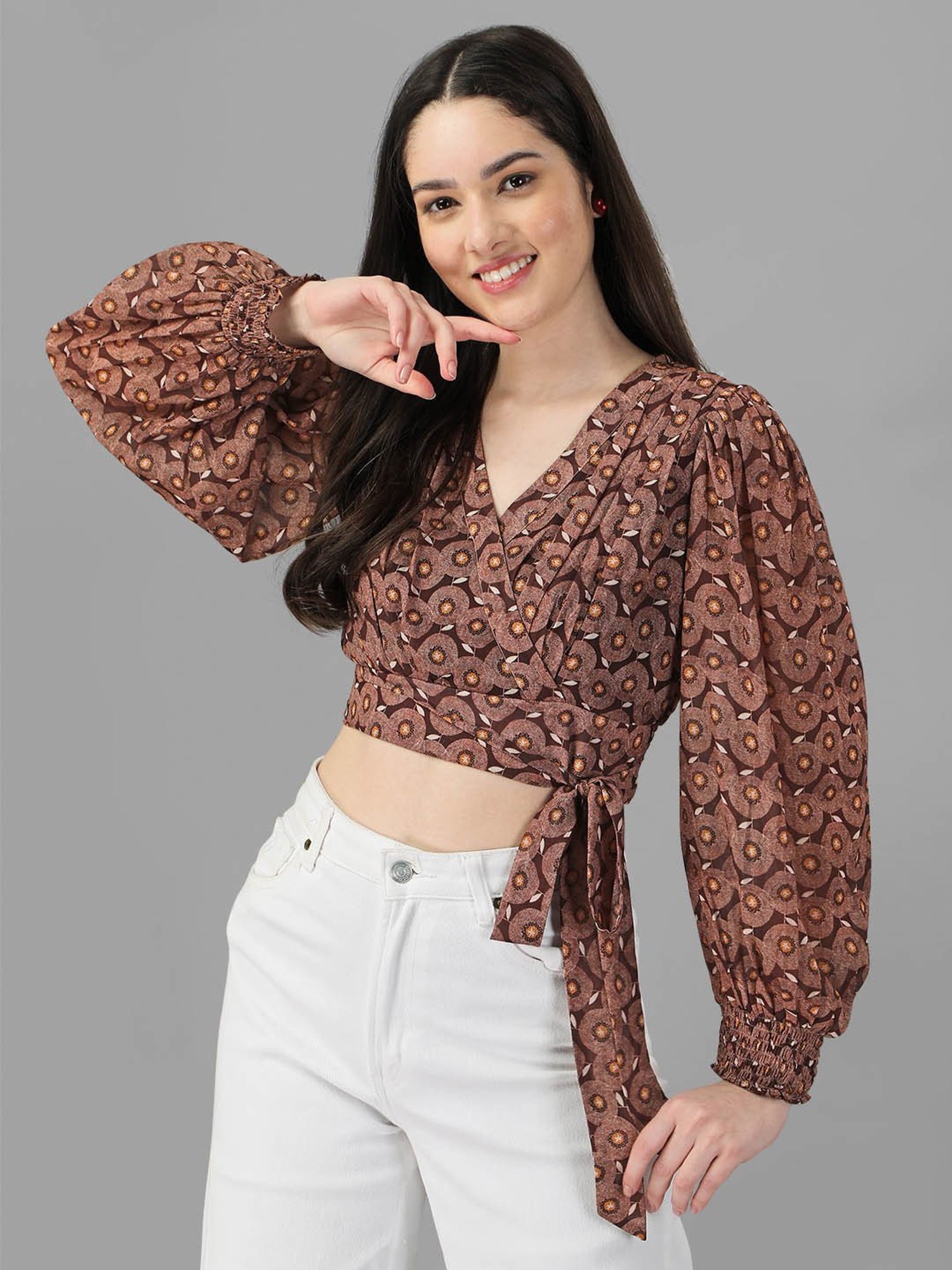 MASAKALI.CO Coffee Brown Floral Print Crop Top