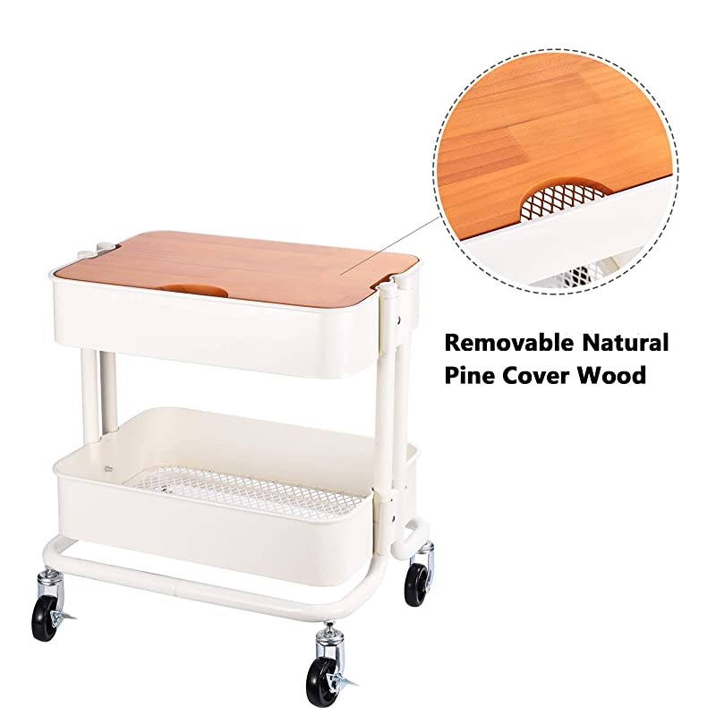 Metal Utility Rolling Cart Storage Side End Table with Cover Board for Office Home Kitchen Organization, Cream White