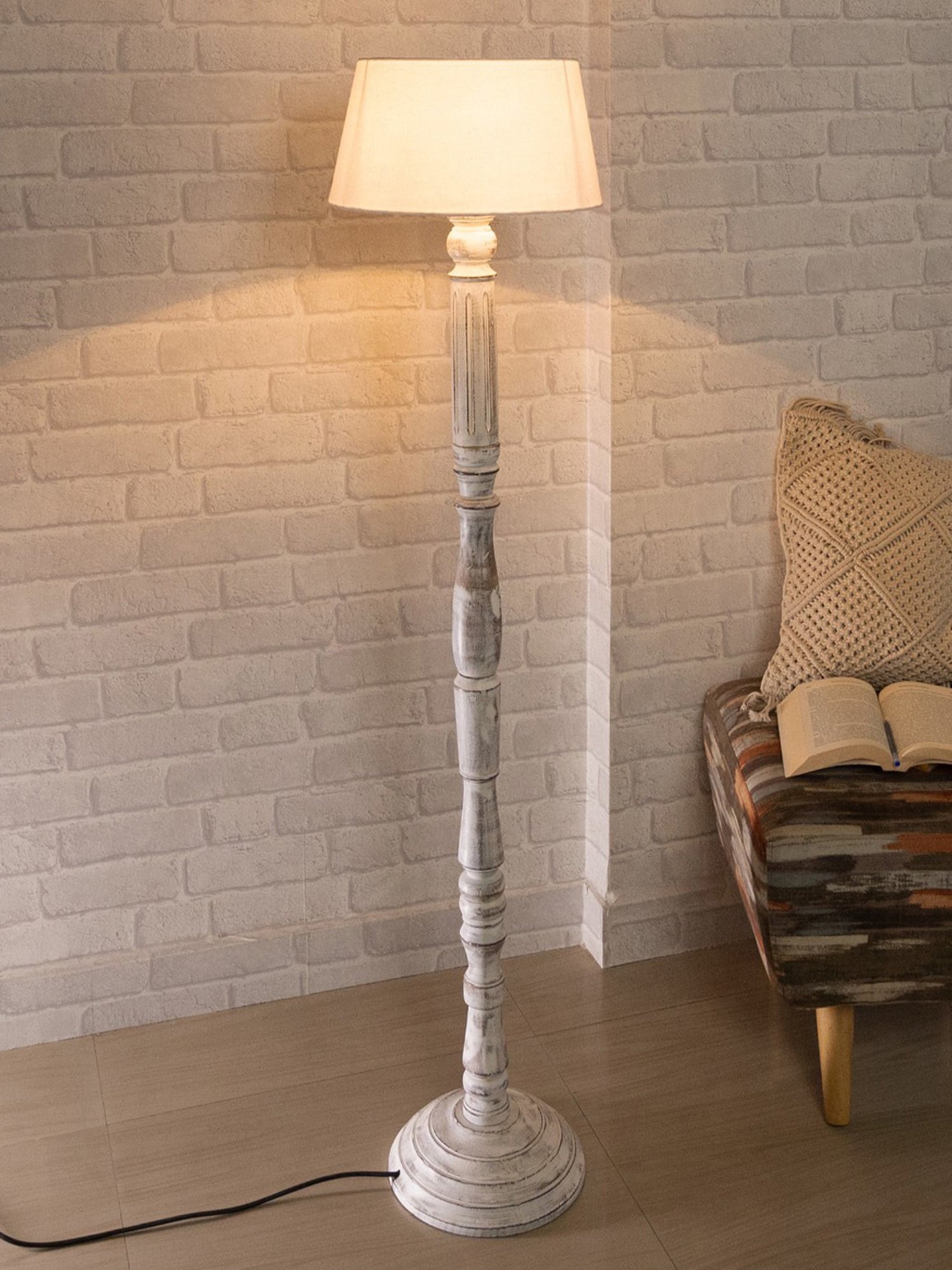 Homesake 'Antique' White & Brown Wood Tall Floor Lamp With Shade & Bulb - Set of 1