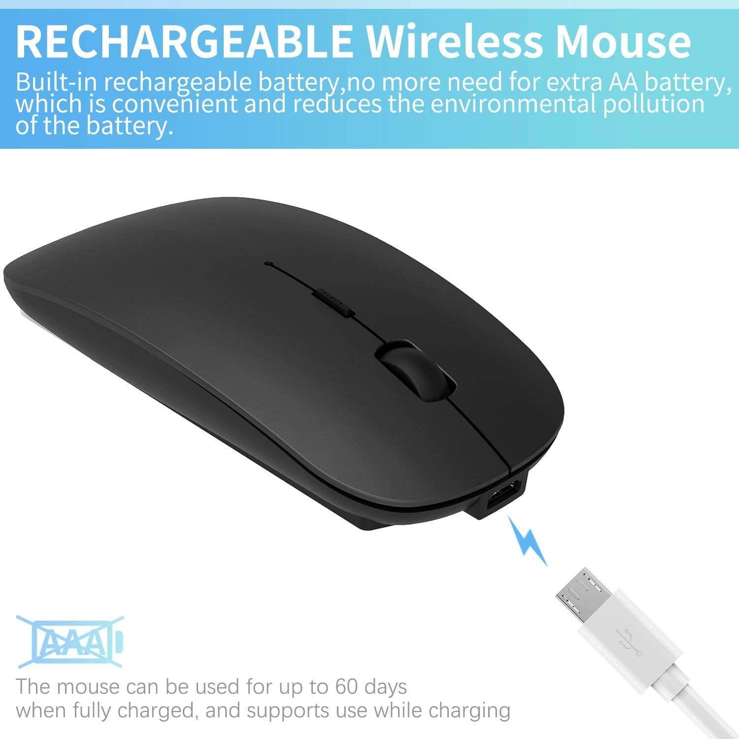 2.4GHz Wireless Bluetooth Mouse, 3 Adjustable DPI, Dual Mode Slim Rechargeable Wireless Mouse Silent USB Mice,Compatible for Laptop Windows Mac Android MAC PC Computer (Silver)