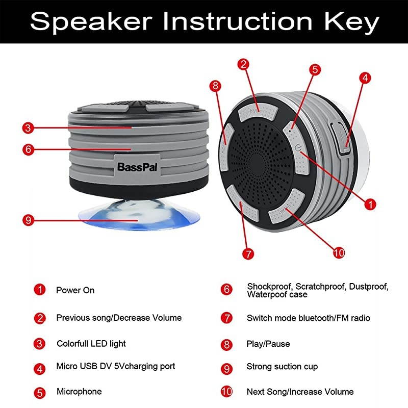 Shower Radios IPX7 Waterproof Portable Wireless Bluetooth Speaker with LED Mood Lights Super Bass HD Sound Shower Pool Beach KitchenampOutdoor