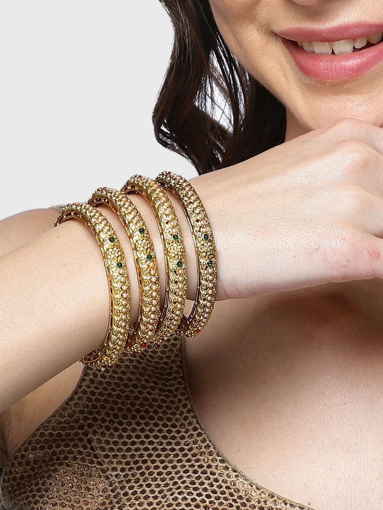 Karatcart Gold-Plated Pearl Studded Bangles for Women - Set of 4