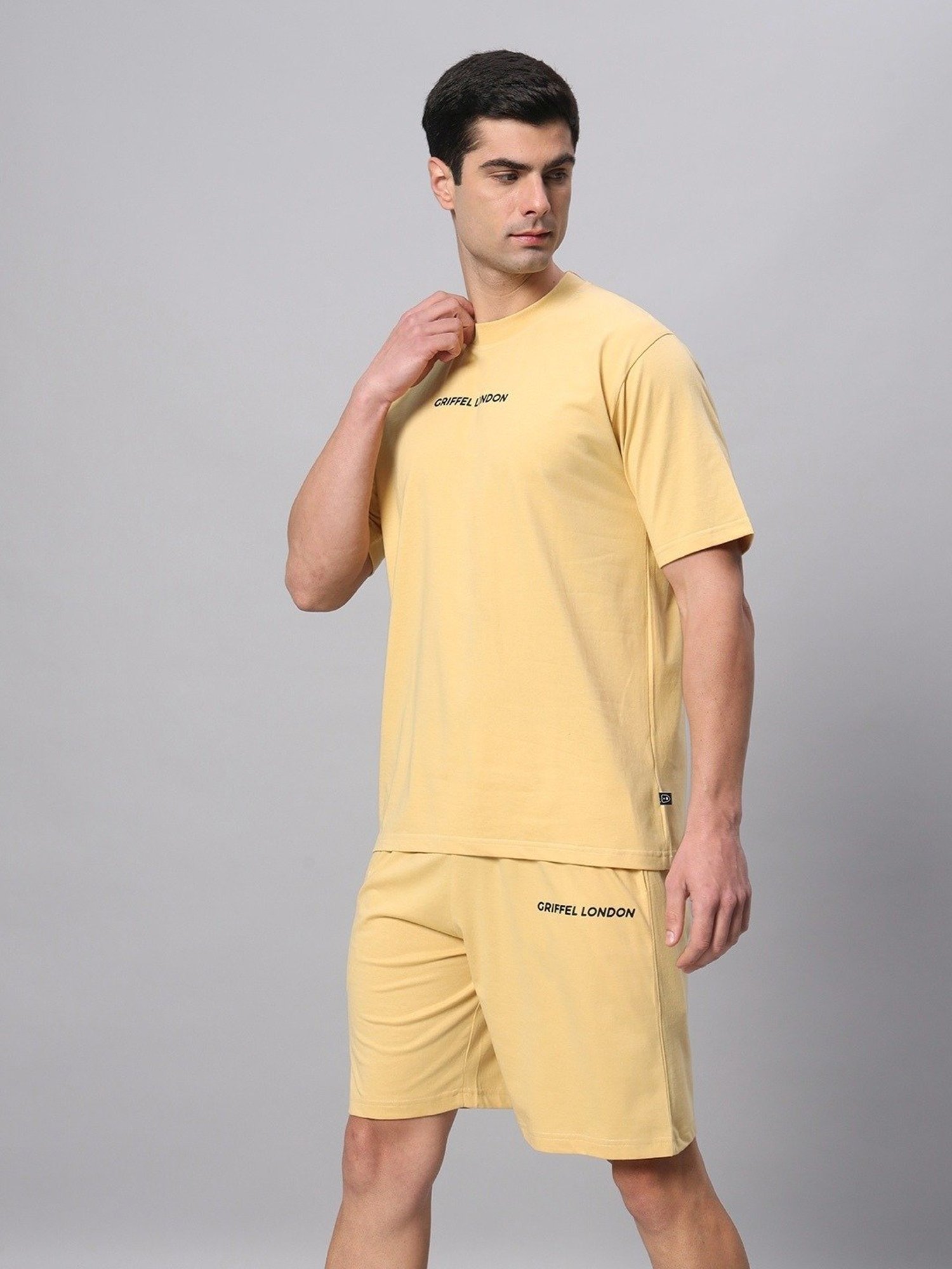 Griffel Yellow Cotton Loose Fit Logo Printed Co-Ord Set