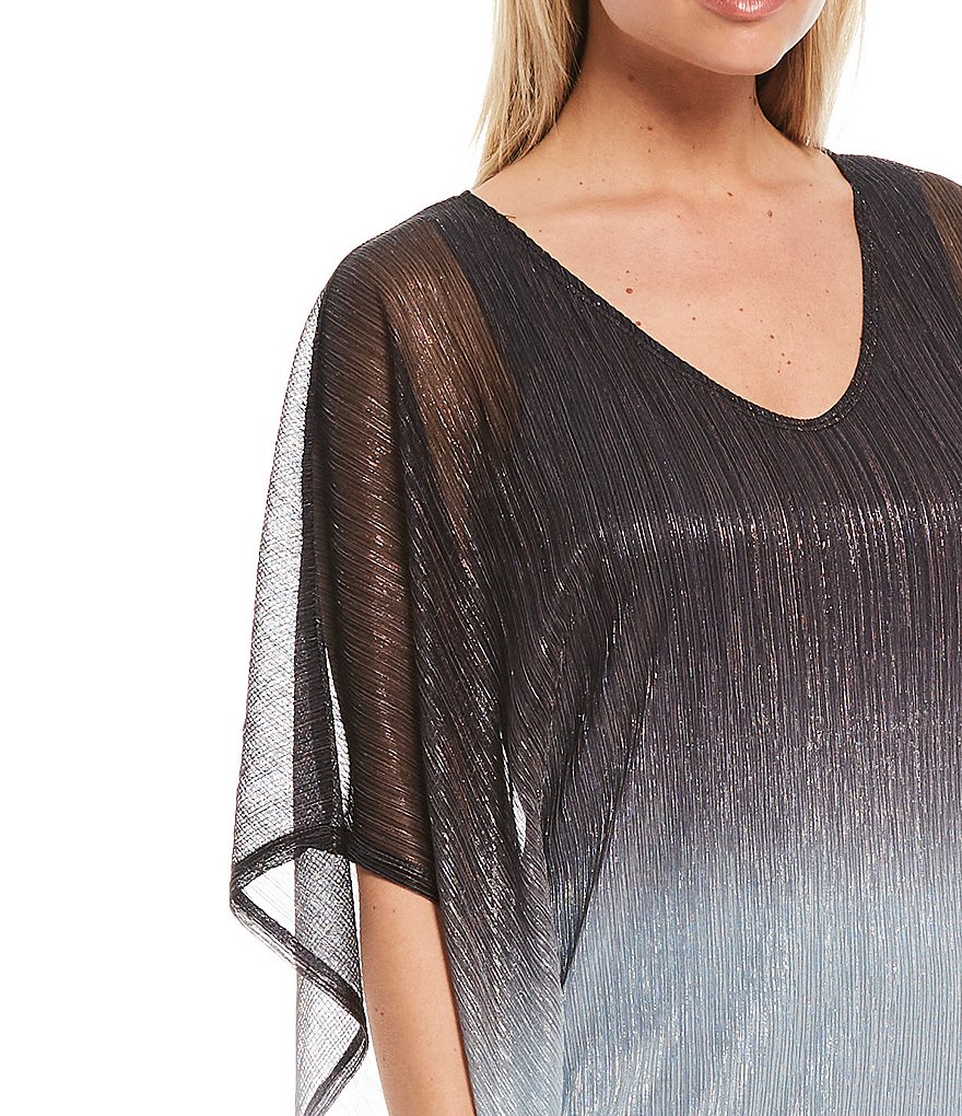 Kay Unger Long Bishop Sleeve V-Neck Crepe A-Line Dress