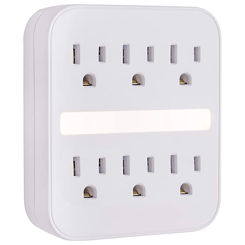 Pro 6 Outlet Sur Protector Wall Adapter with Light Sensing Night Light 3Prong Charging Station 440 Joules Protection Rating Automatic Shutdown White 41626