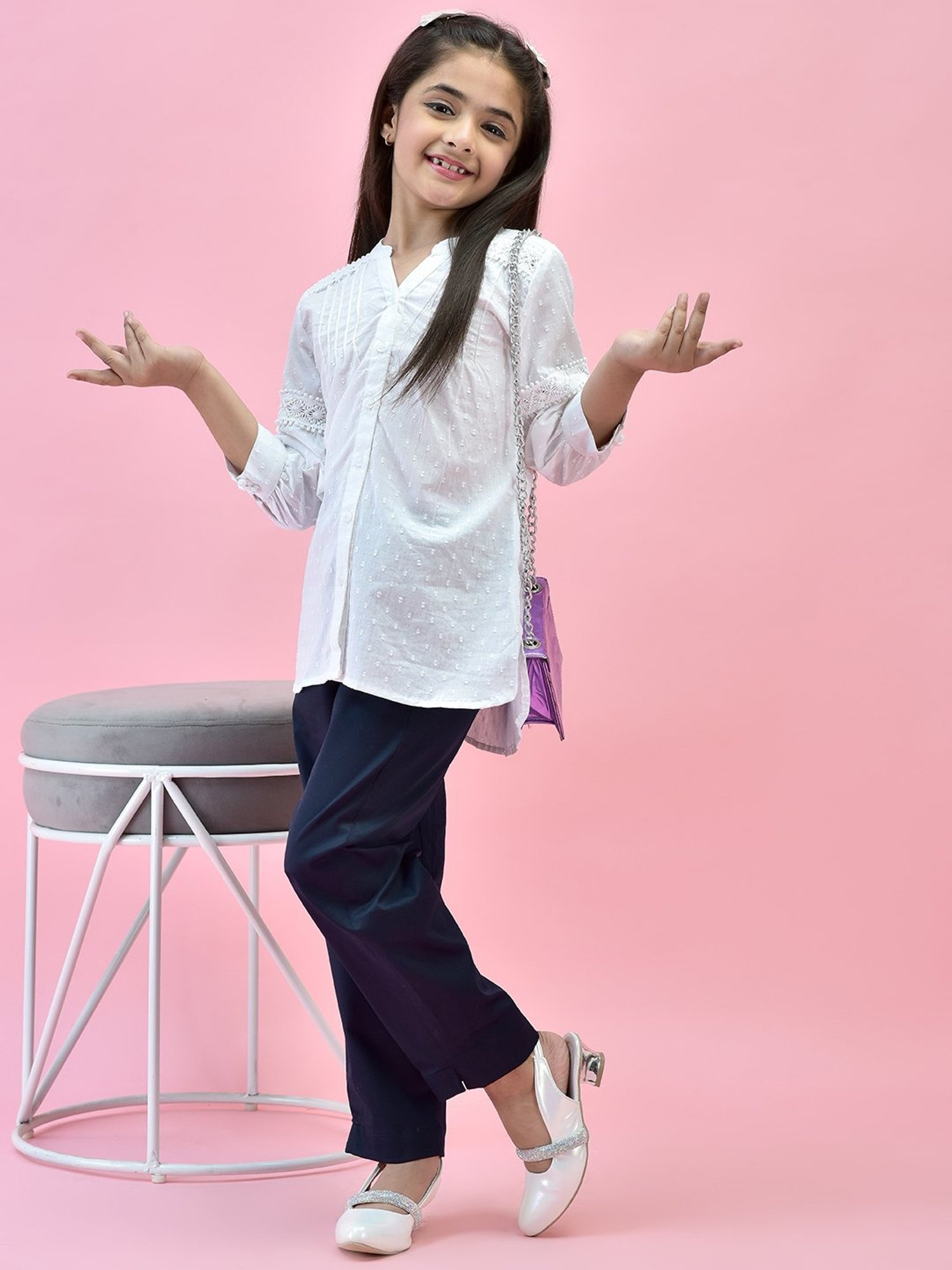 Juniper Girls White & Navy Self Design Shirt With Pants