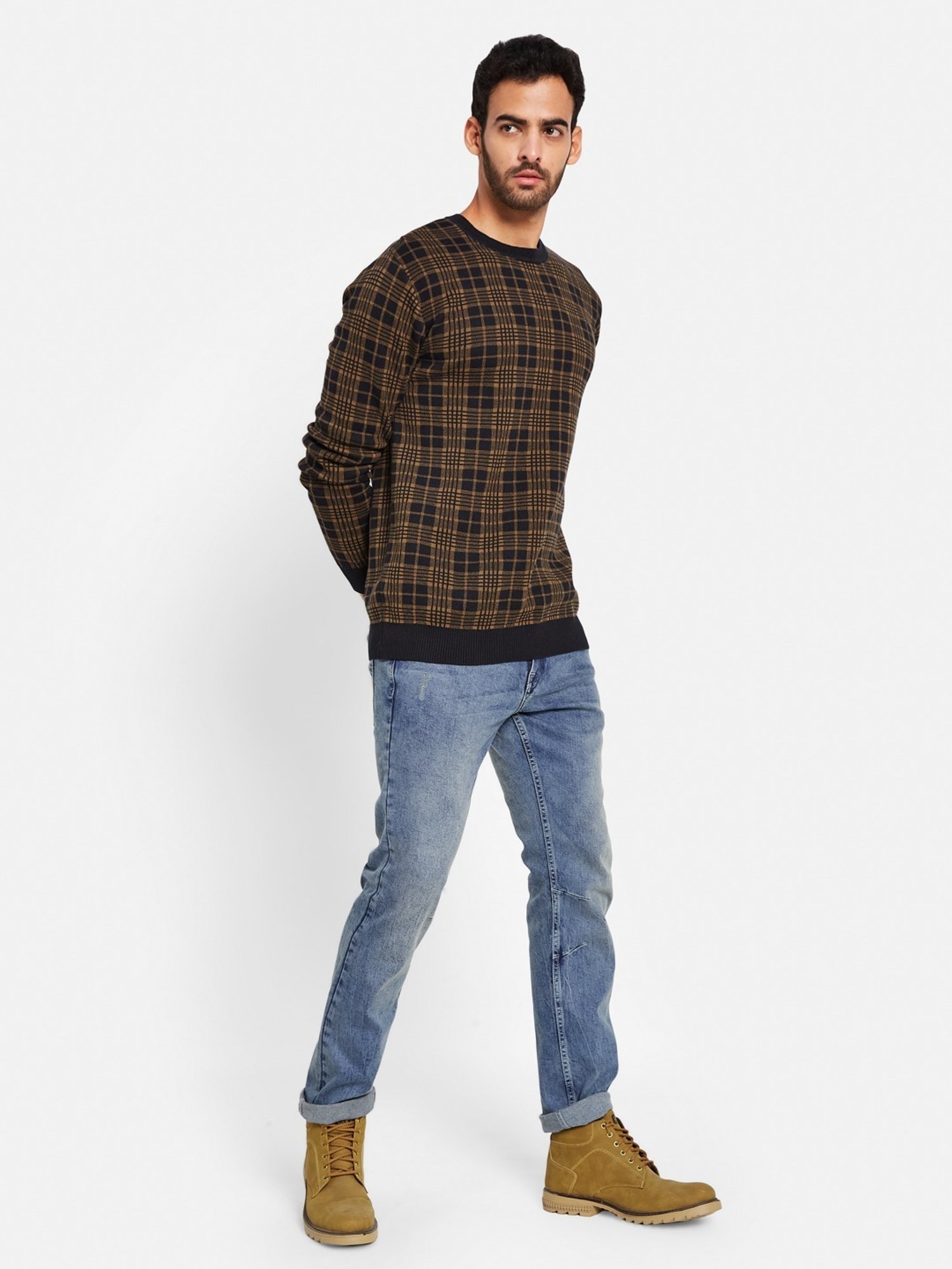 METTLE Brown Cotton Regular Fit Checks Sweater