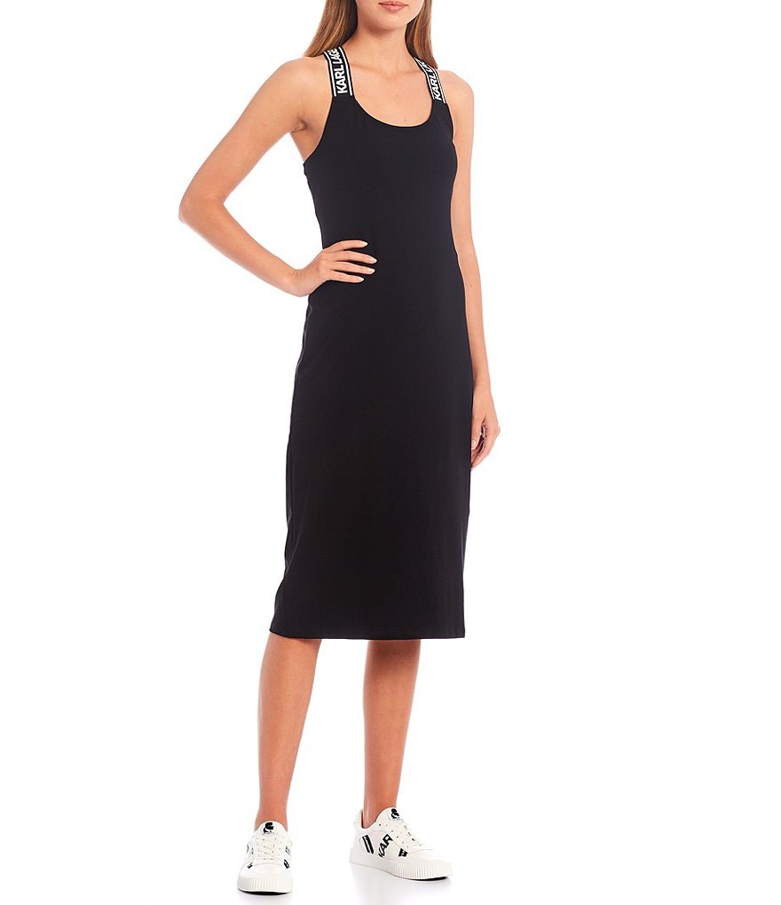 KARL LAGERFELD PARIS Scoop Neck Jersey Logo Strap Midi Tank Dress