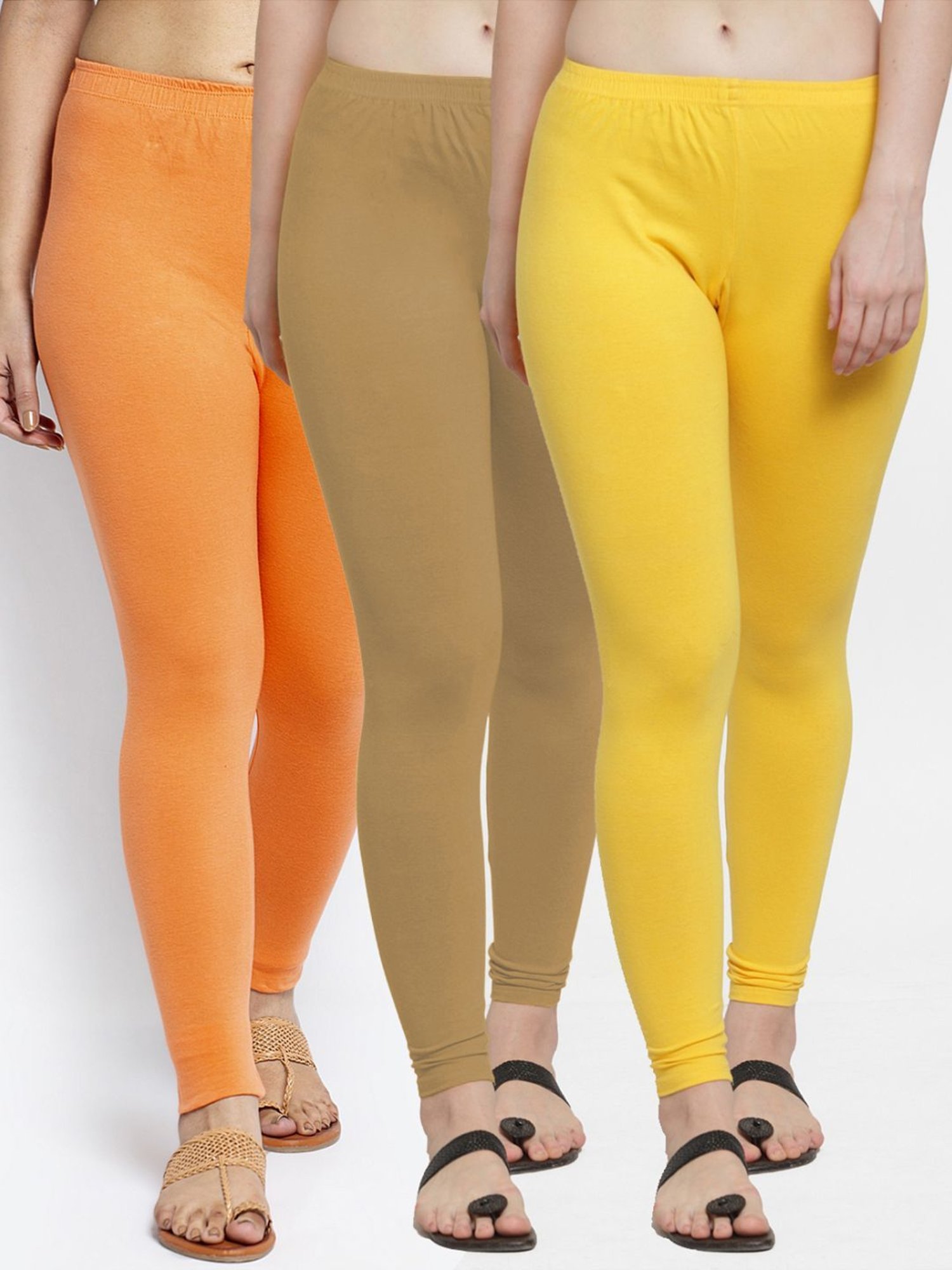 Gracit Yellow & Skin Mid Rise Leggings - Pack Of 3