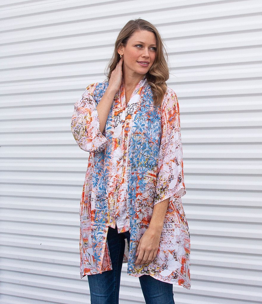 Karyn Seo Ana Embroidered Print Silk Blend Shawl Collar Cardigan