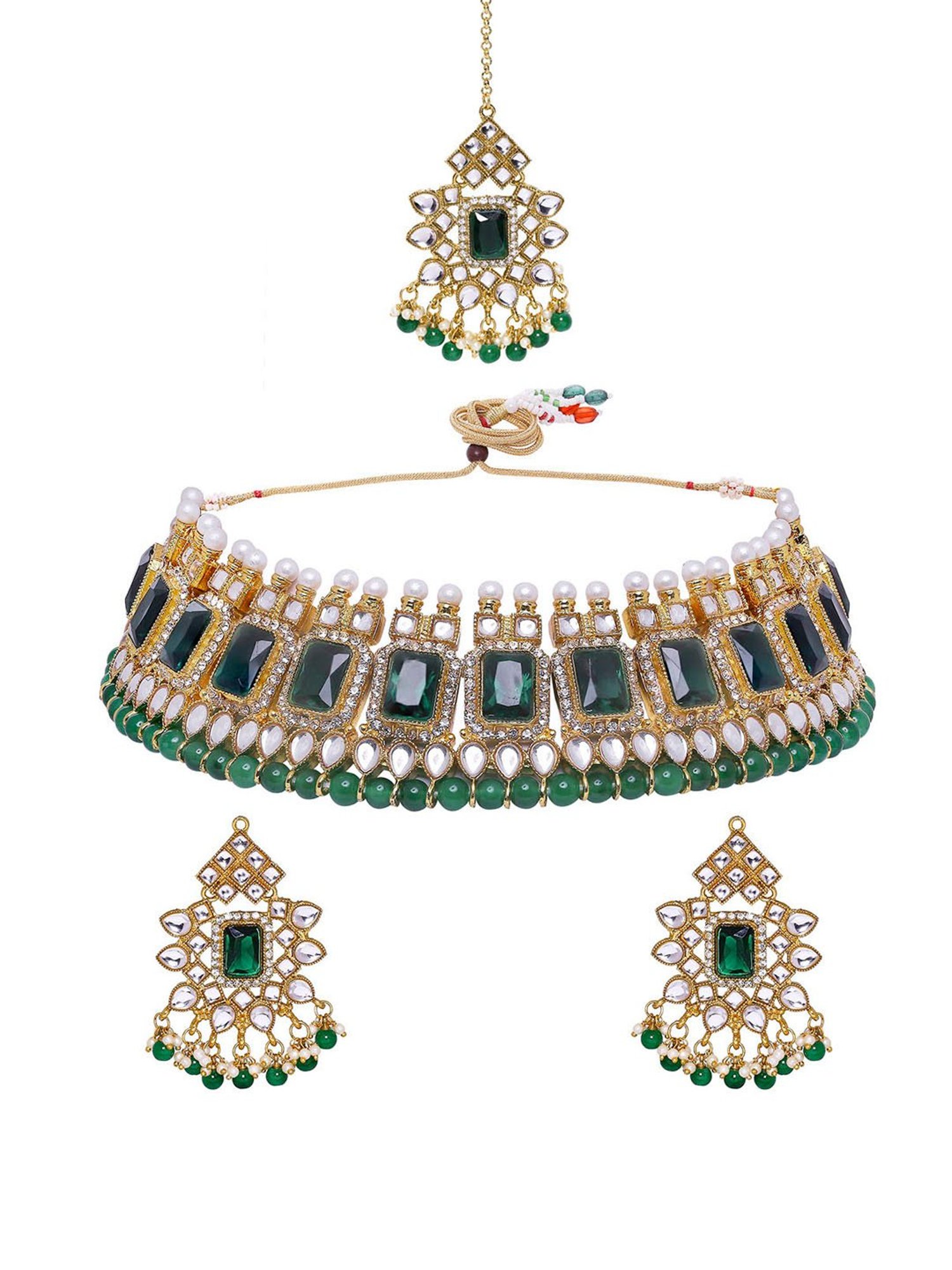 OOMPH Green Stone & Kundan Heavy Pearl Choker Necklace Set with Drop Earrings & Maangtikka