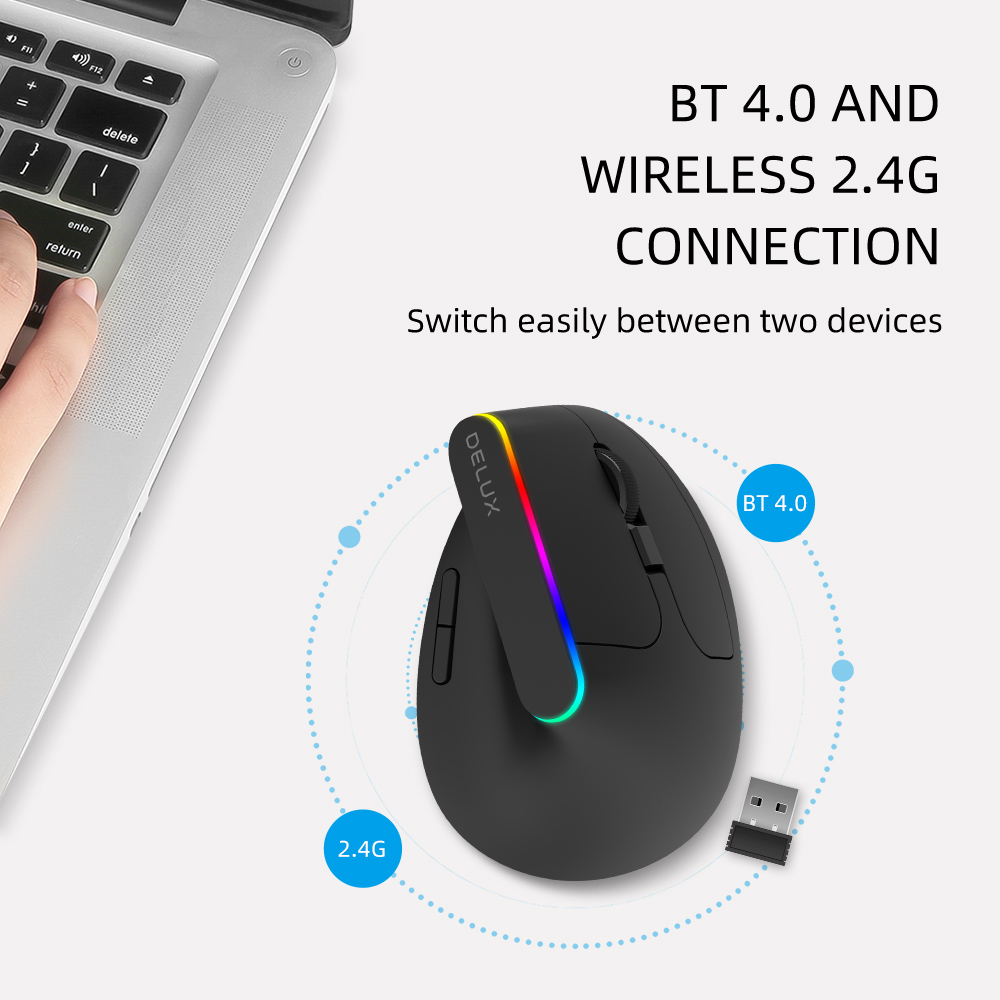 DELUX 2.4G Wireless Vertical Mouse, Rechargeable Ergonomic Mouse with USB Receiver, 6 Buttons and 1600DPI, Ergo 57 Degree Design Reduce Hand and Wrist Pressure for PC Laptp and Computer(M618D-Black)