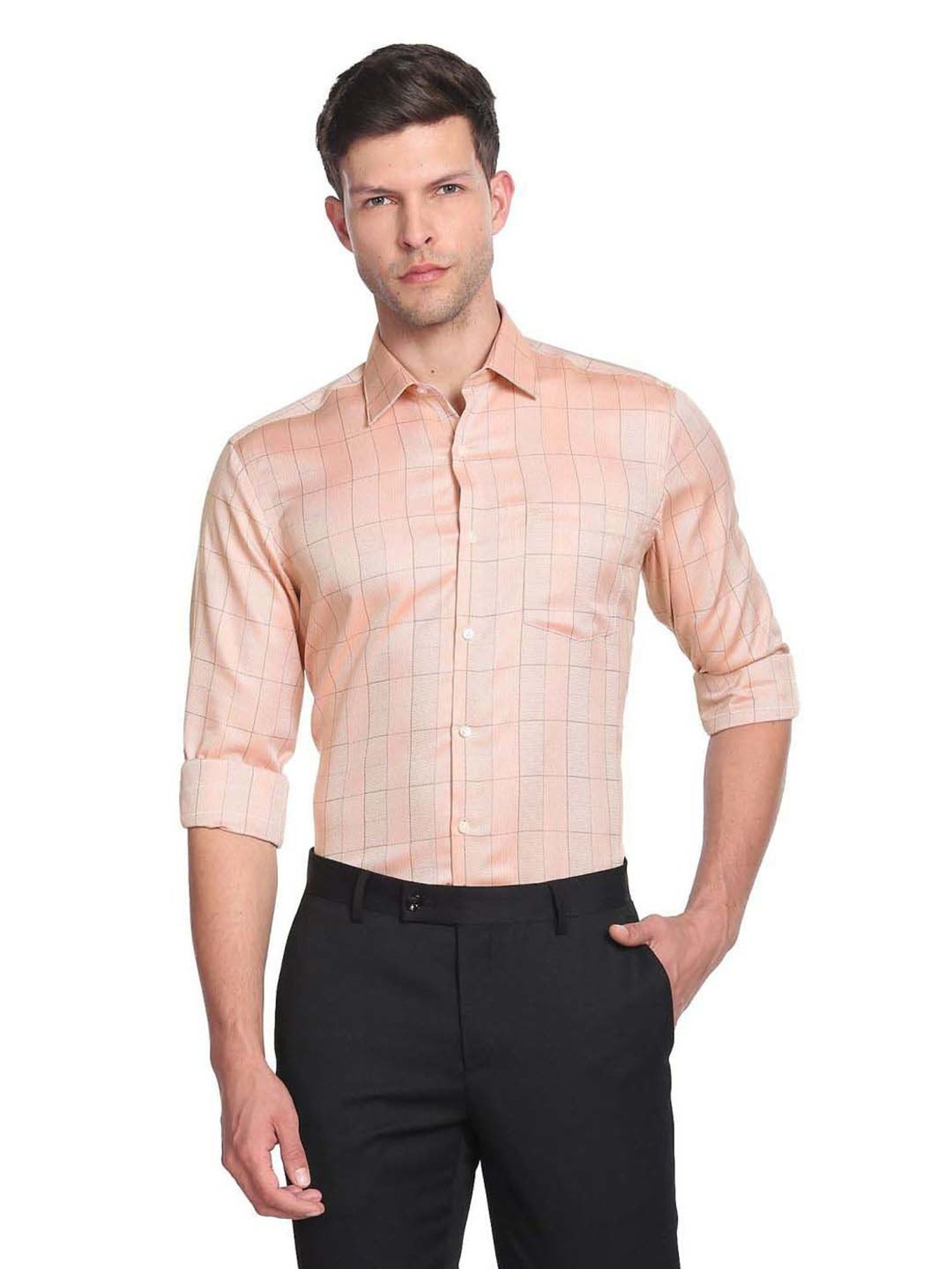 Arrow Orange Cotton Slim Fit Checks Shirt