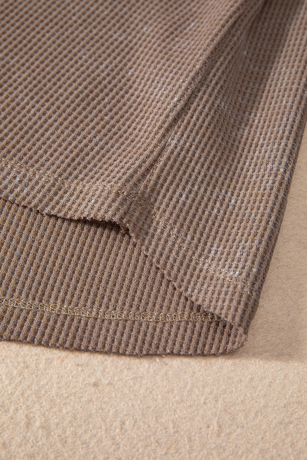 Coffee Button V Neck Waffle Knit Top