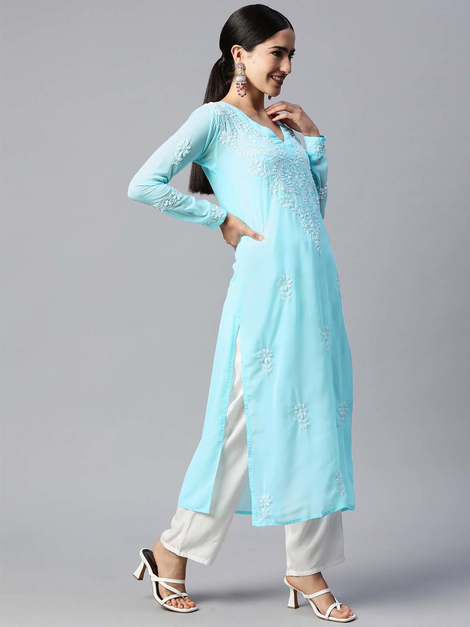 SHADES Sky Blue Chikankari Straight Kurta
