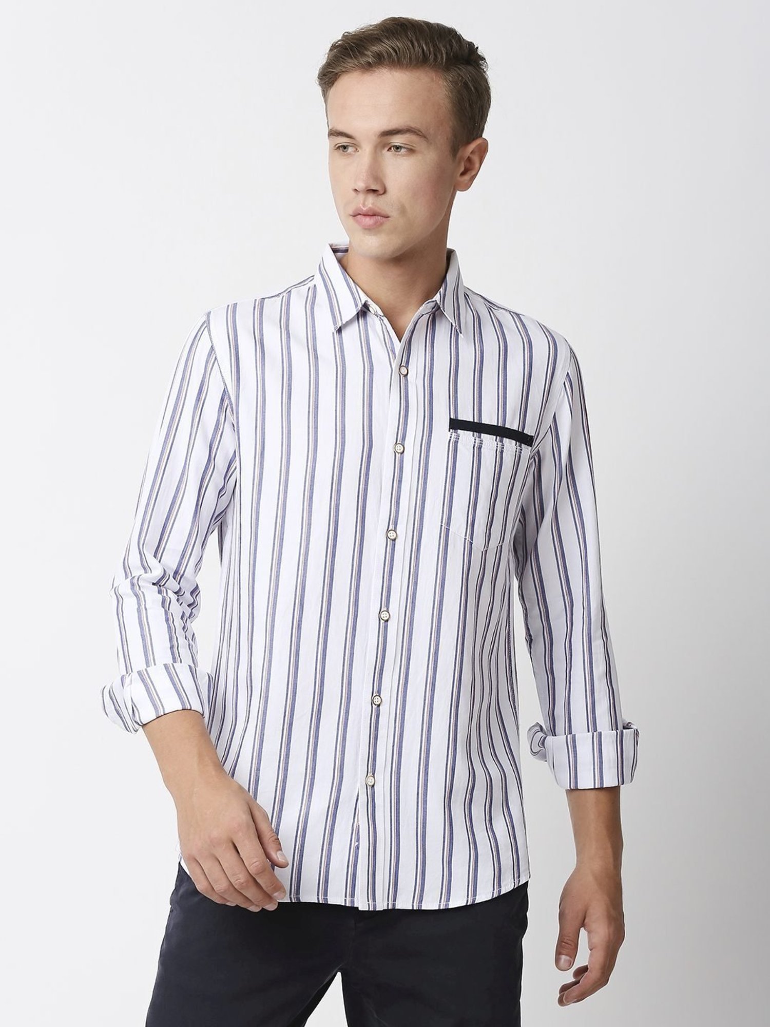 Solemio White Slim Fit Striped Shirt