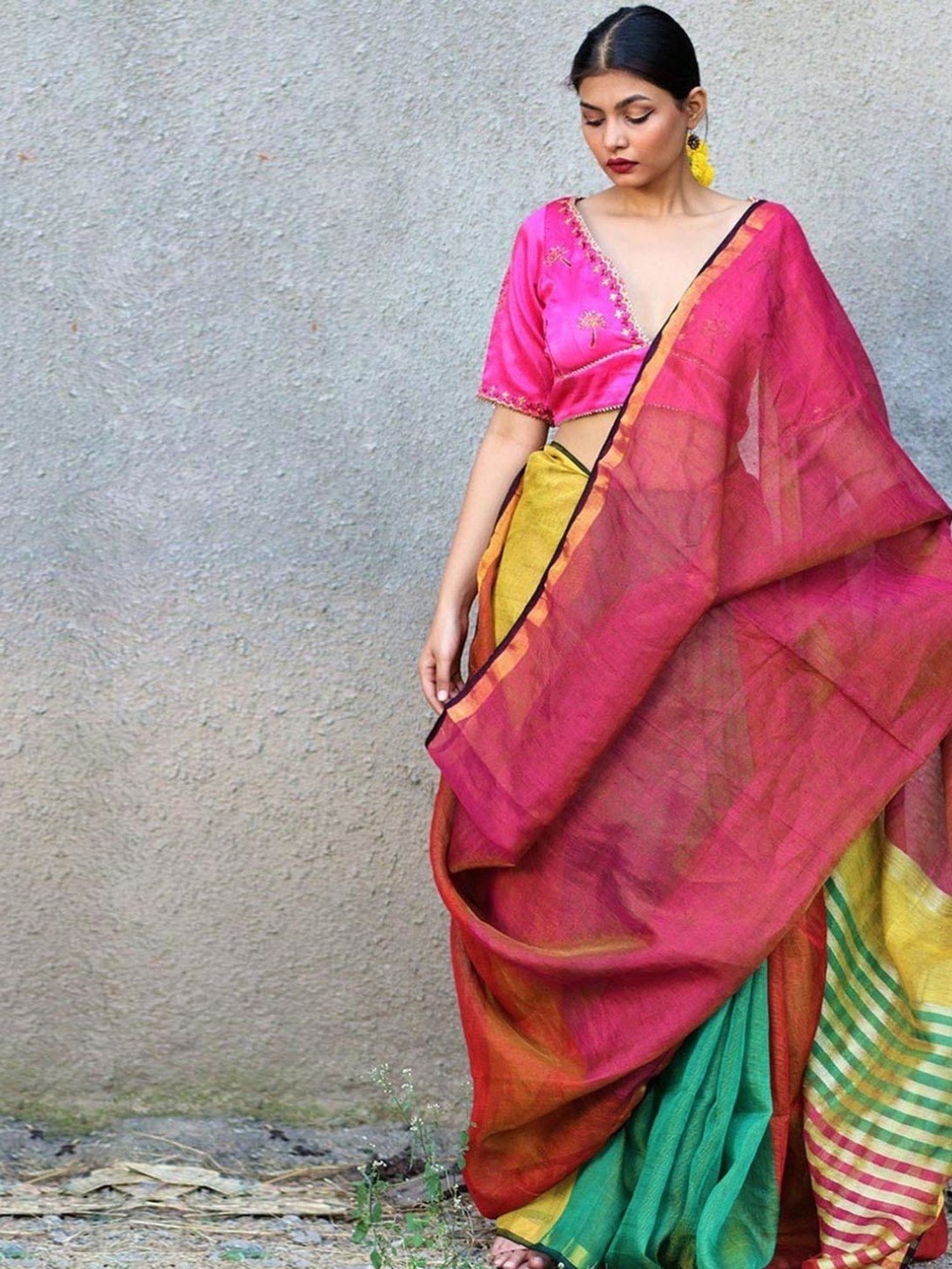 Chidiyaa Fitoor Pink Yellow Oceanic Blue Handwoven Linen Zari Saree Gazala