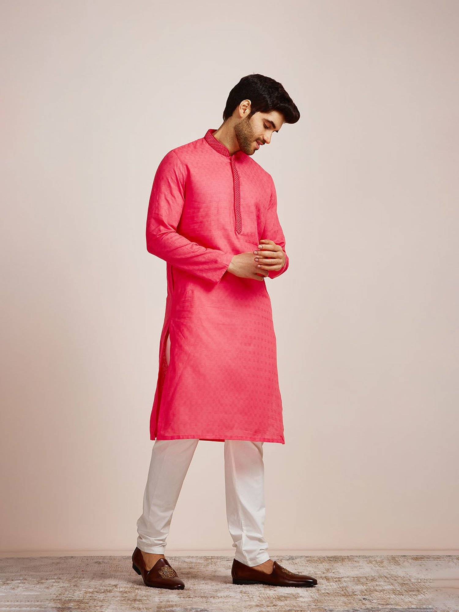 Manyavar Pink Regular Fit Self Design Kurta & Pyjama Set