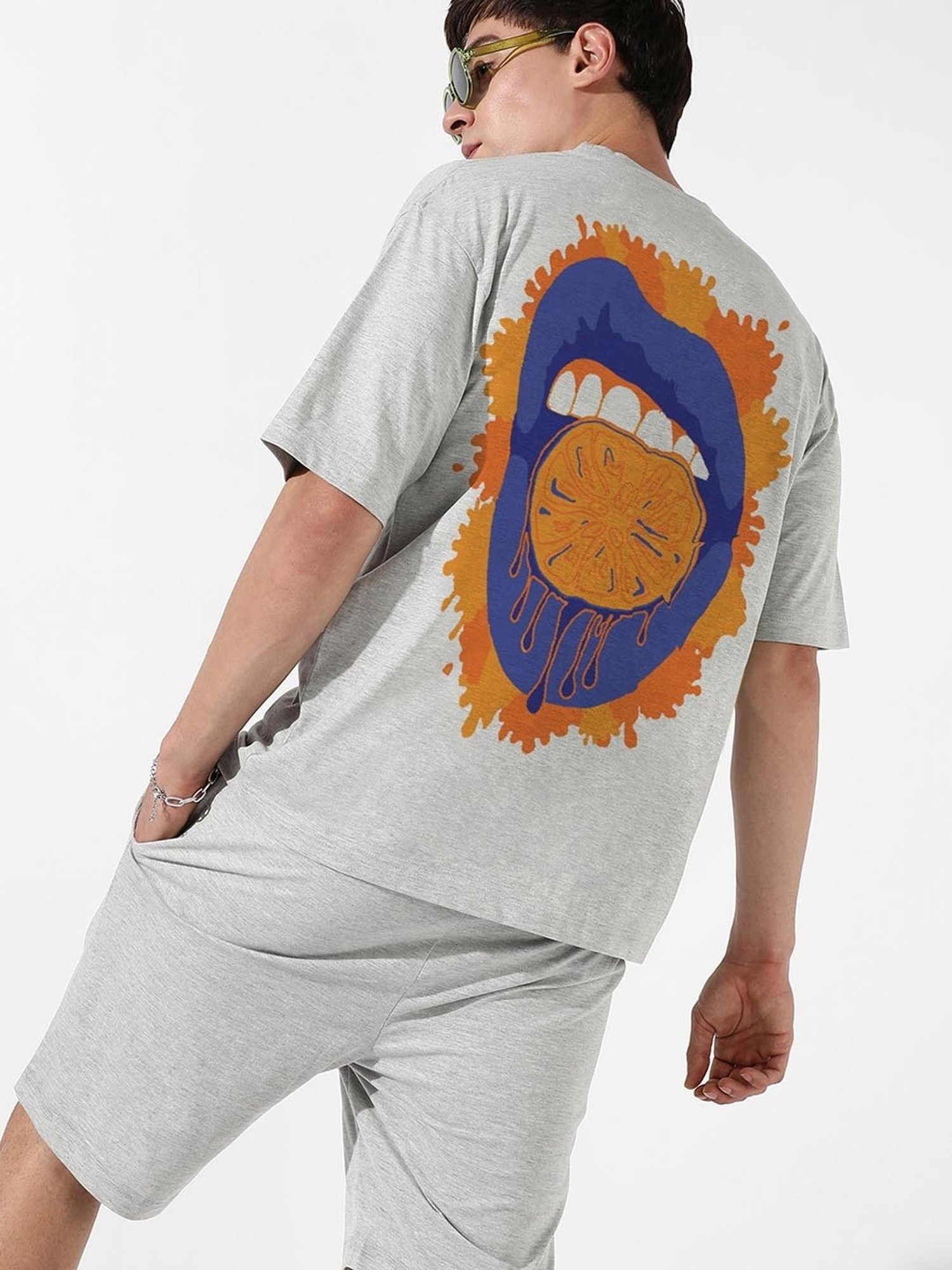 Campus Sutra Grey Regular Fit Oversized Orange Mouth Printed Co-Ord Set