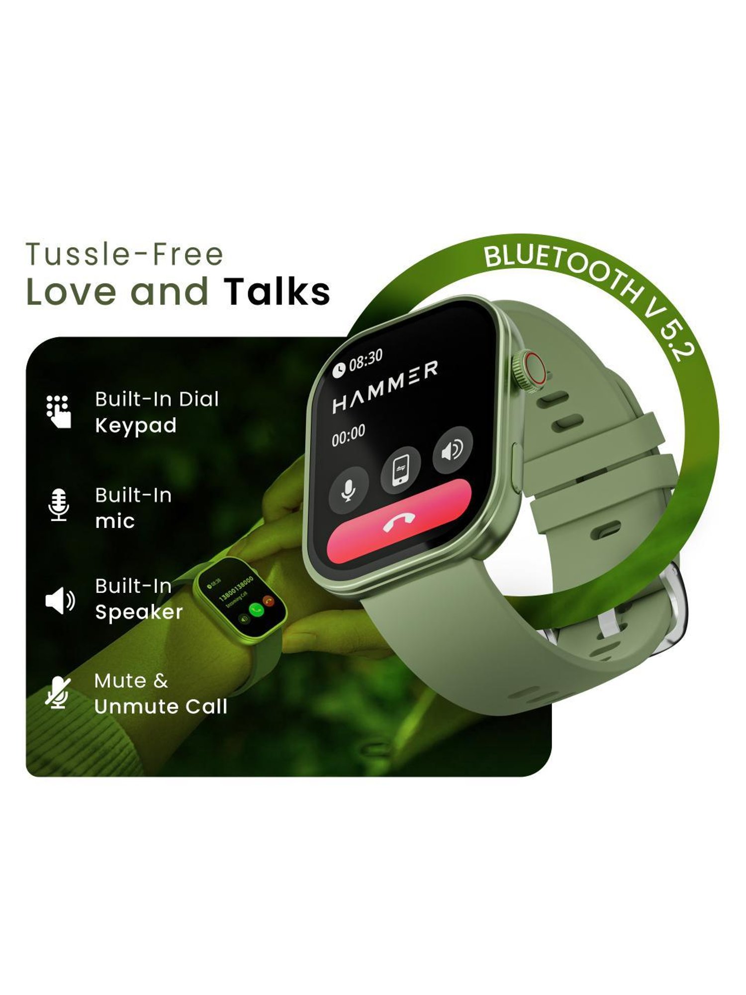 Hammer Tussle BT Calling Smartwatch with 2.01 inch HD Display & Voice Assistant (Limelight Green)