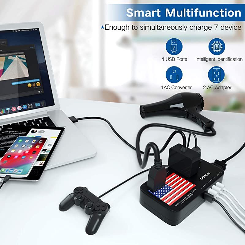 X11 2200W Travel Voltage Converter for Hair Dryer Straightener Curling Iron, 10A Travel Power Adapter with 6A 4-Port USB and UK/AU/EU/US Plug Wall Battery Chargers for Cell Phone Camera Laptop