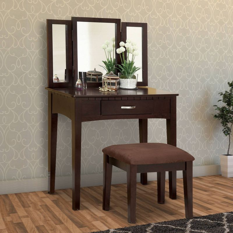 Wooden Vanity Table with 3 Panel Mirror and Padded Stool Brown - Benzara