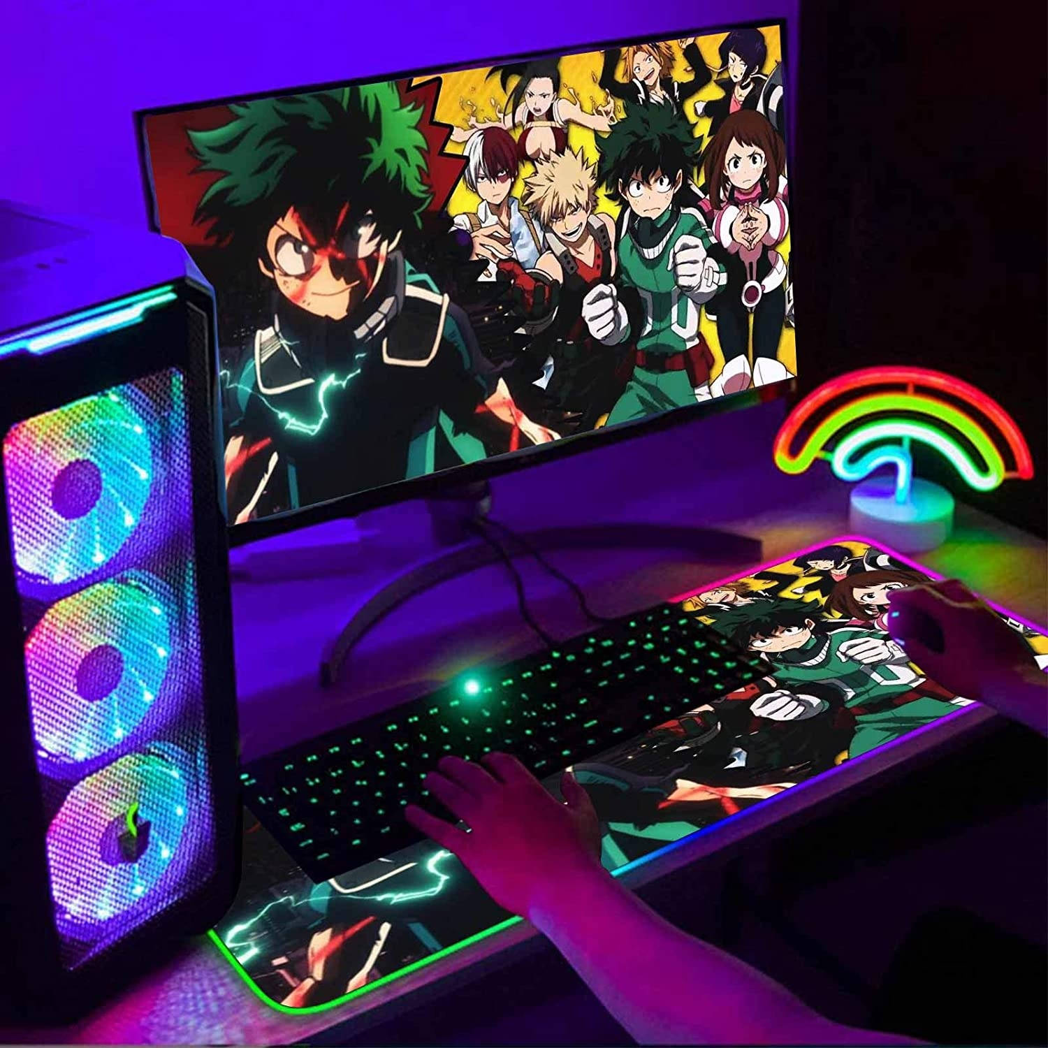 Gaming Mouse Pad RGB Anime My Hero Academia Deku And Heroes,Mousepad With 12 Lighting Modes & Non-Slip Rubber Base-3Mm Thick-Laptop Glowing Desk Pad-Computer Keyboard And Mice Combo Pads Mat 23.6X13.8