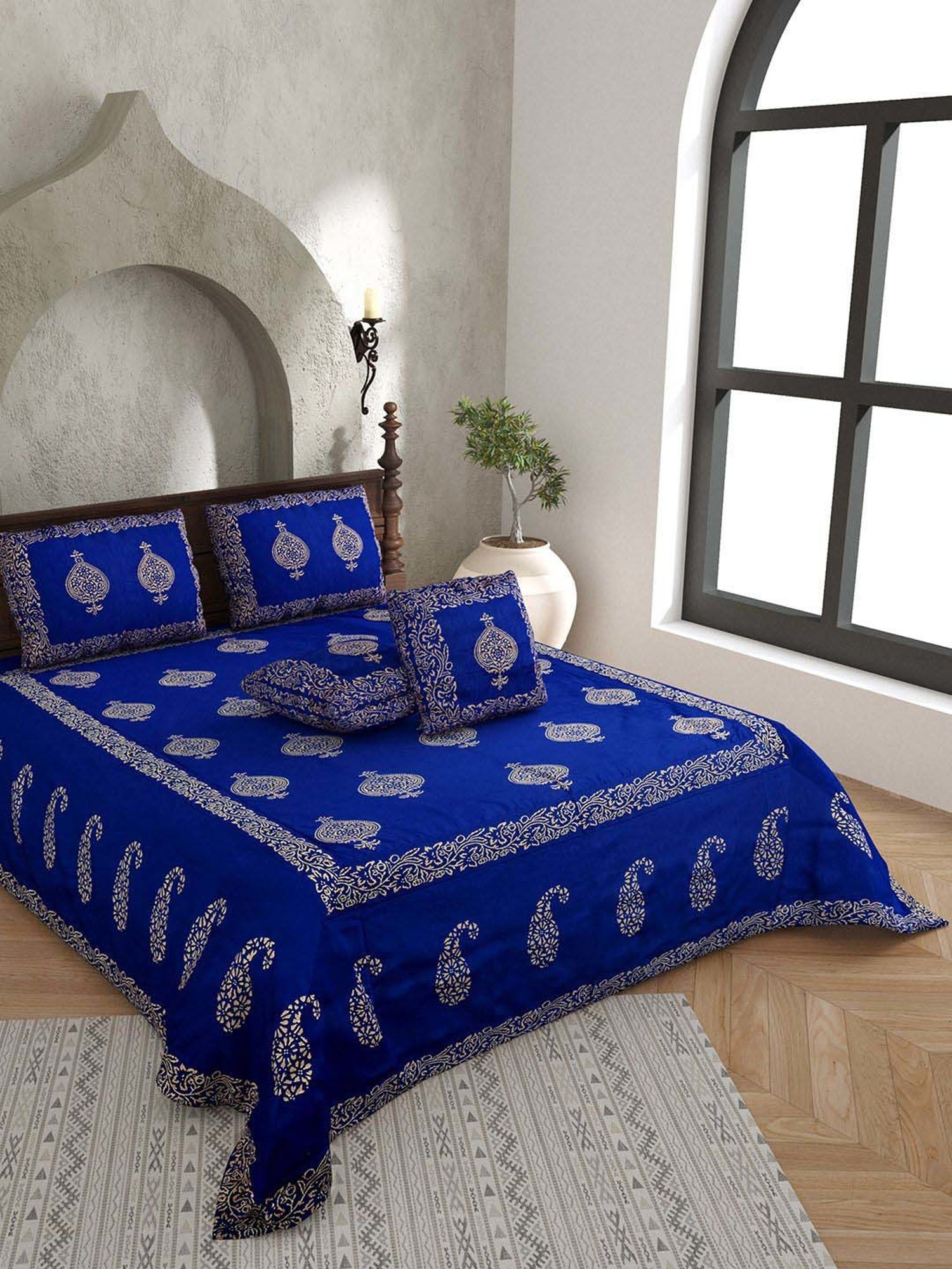 JaipurFabric Royal Blue Silk 240 TC Double Bedsheet with 2 Pillow Covers