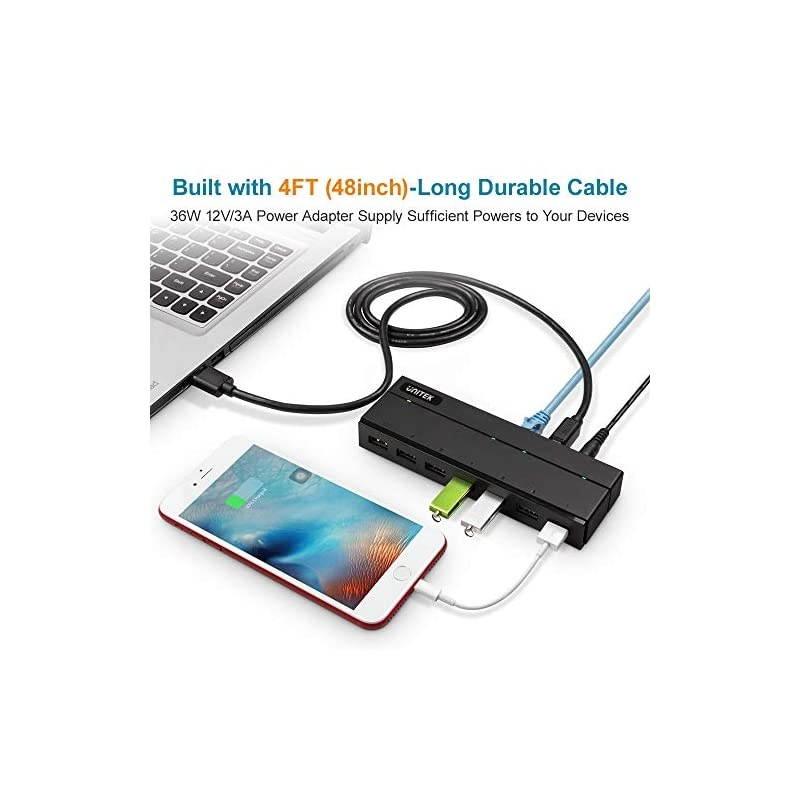 USB Ethernet Adapter 7Port Hub 6 Ports USB 30 Hub with Gigabit Ethernet Converter 24A Charging Port 36W Powered Data Hub Splitter Compatible MacBook iMac Surface Pro Laptop PC HDD