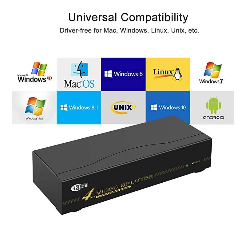 450MHz Bandwidth 2 Port VGA Splitter Amplifier Box 1 PC to 2 Monitors SVGA Video Splitter Support 2048 x 1536 Resolution up to 164ft for Screen Duplication