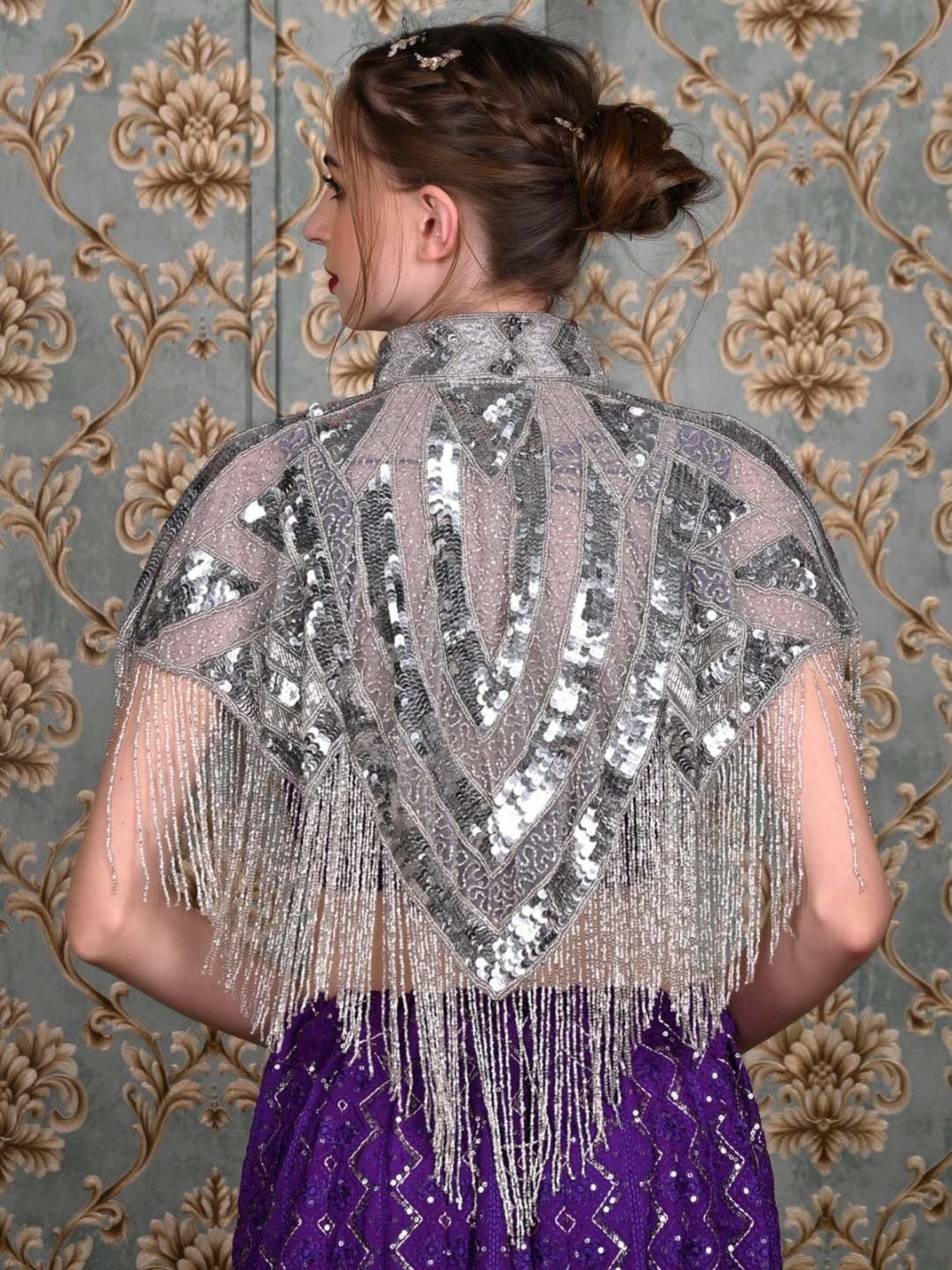 Odette Grey Embellished Fancy Cape