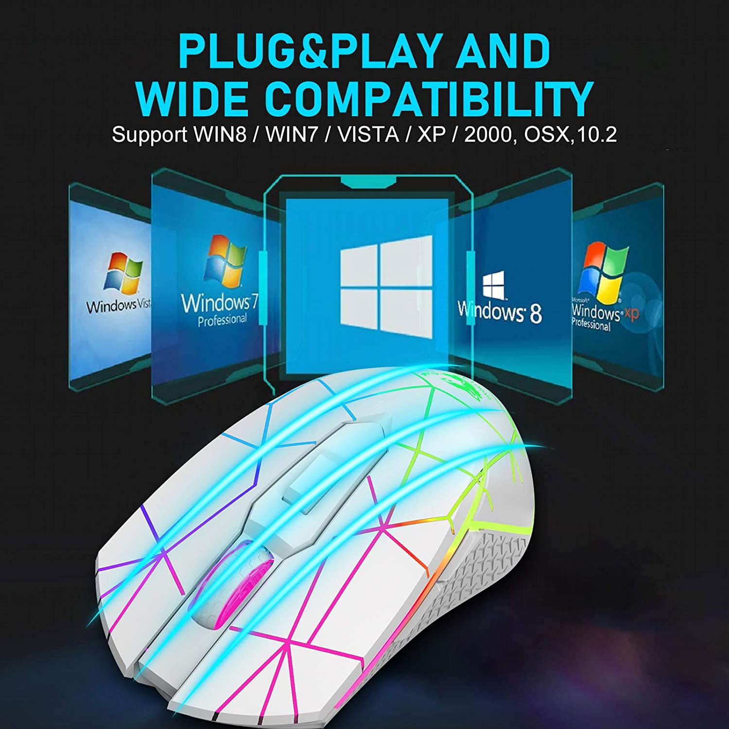 Wireless Gaming Mouse with 2.4Ghz USB Receiver Rainbow RGB Backlight Adjustable DPI Silent Click Rechargeable Ergonomic 6 Buttons Gaming Mouse for Computer Laptop PC Mac Gamer Office Use