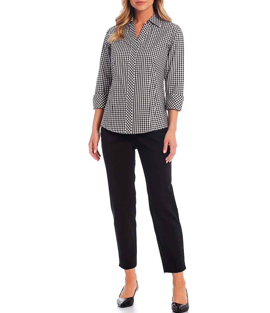 Investments Taylor Gold Label Non-Iron Y-Neck 3/4 Sleeve Button Front Gingham Shirt