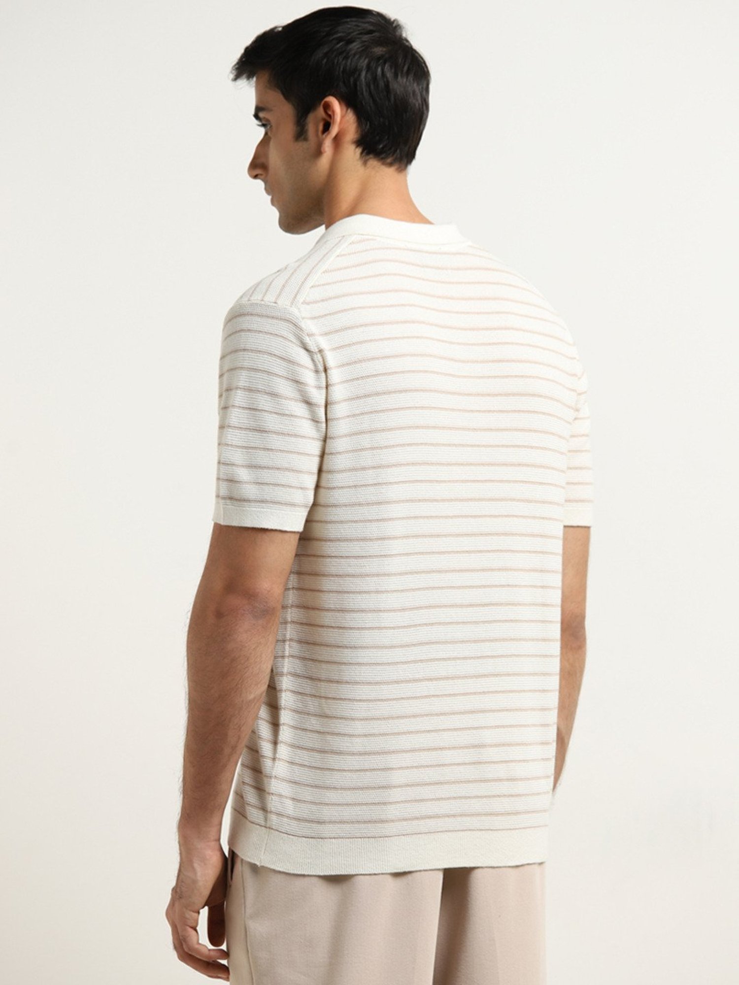 Ascot by Westside Off-White Striped Design Relaxed-Fit Cotton T-Shirt