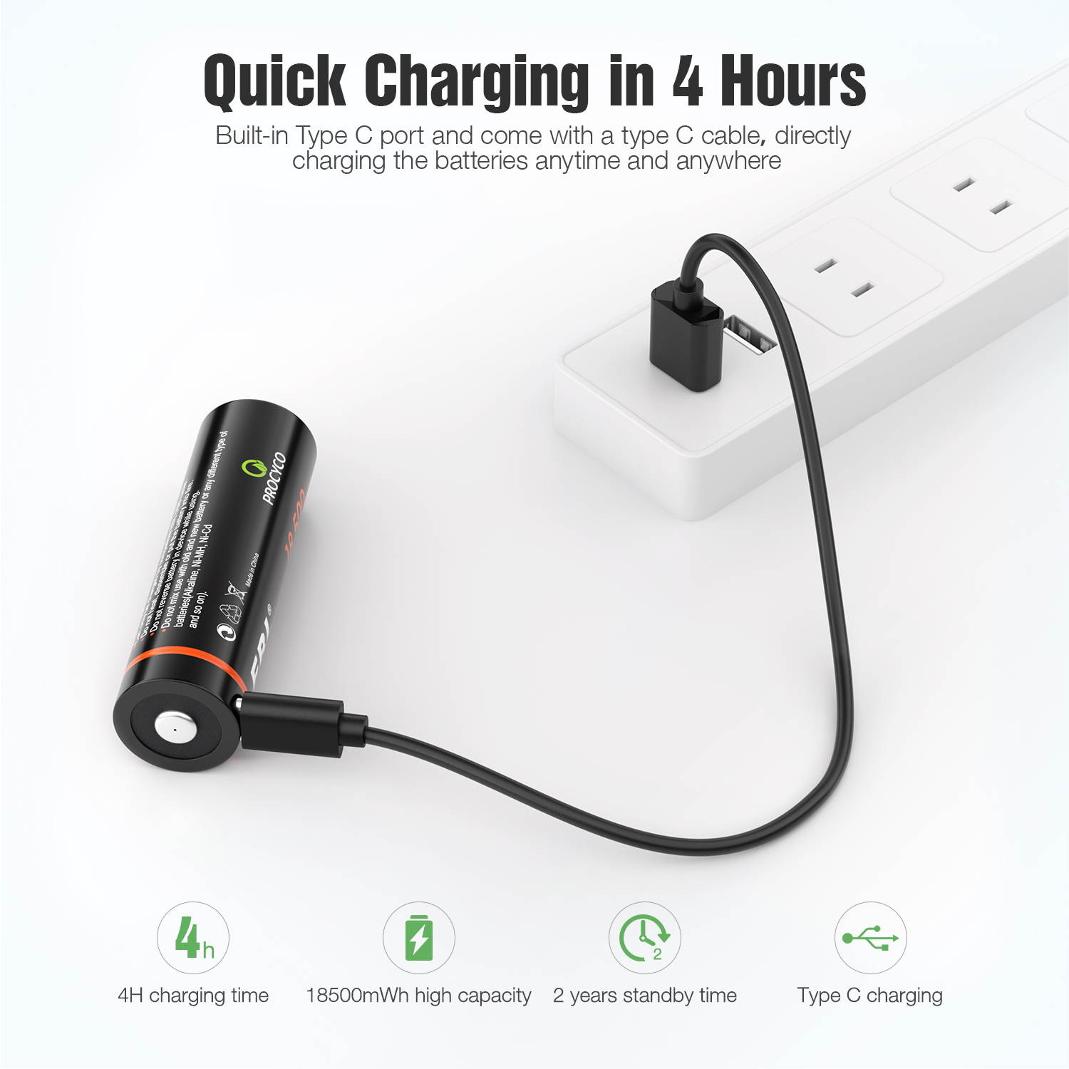 EBL 5000mAh Rechargeable Batteries, 3.7v Lithium-ion Battery with Type-C USB Charging Cable for Flashlight, LED Head Lamp